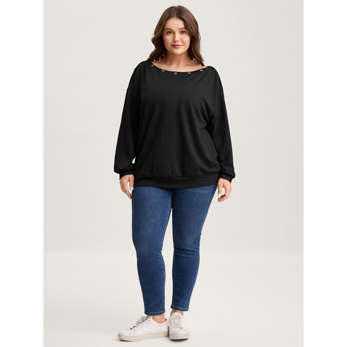 Plus Size Reversible Off-Shoulder Button Neck Sweatshirt Women Black Round Neck Casual Sweatshirts BloomChic 26/4X Product Image