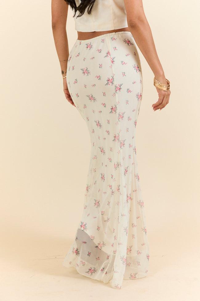 Floral Echo Ivory and Pink Knit Maxi Skirt Product Image
