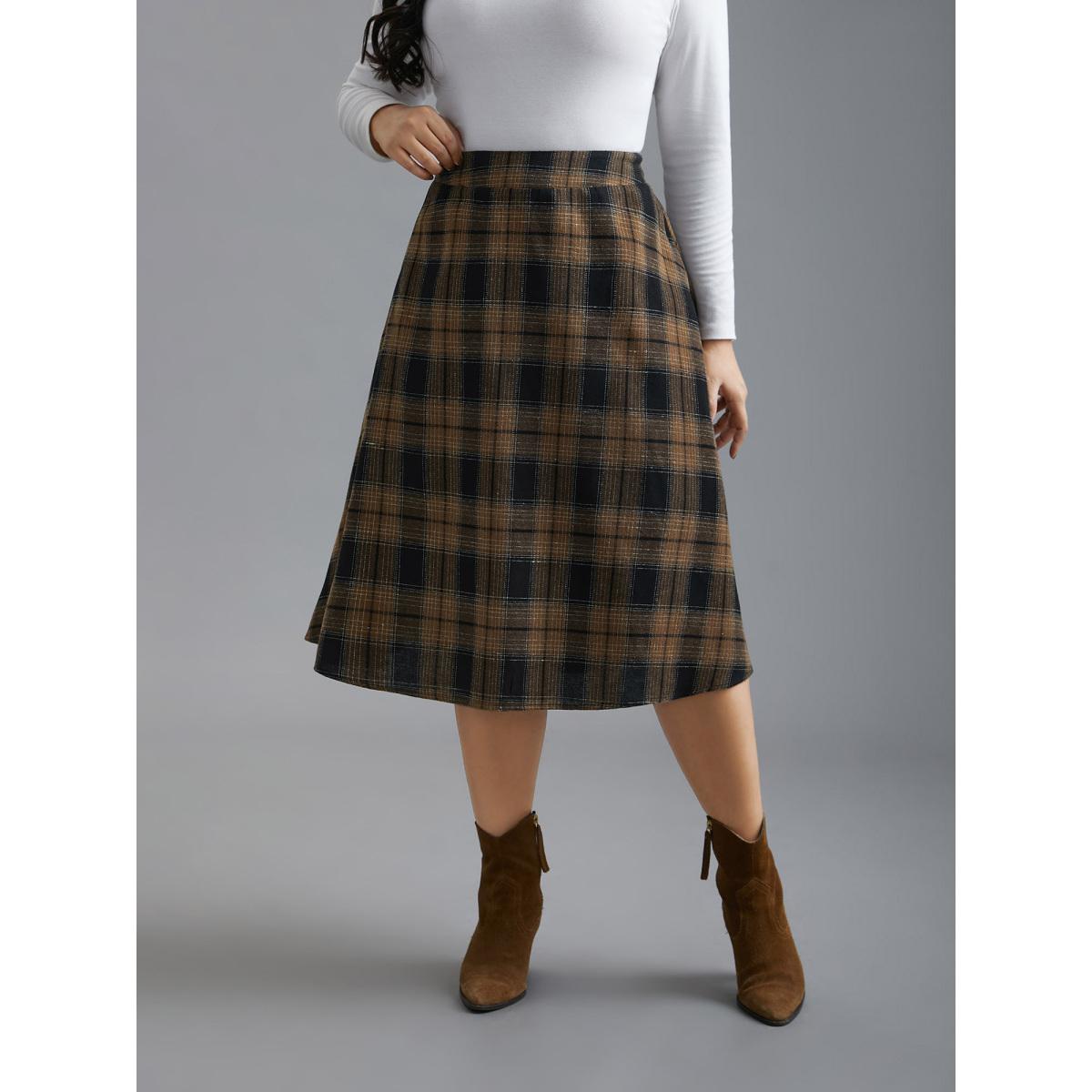 Plus Size Plaid Elastic Waist Slant Pocket Skirt Women Yellowishbrown Elegant No stretch Slanted pocket Everyday Skirts BloomChic 22-24/3X Product Image