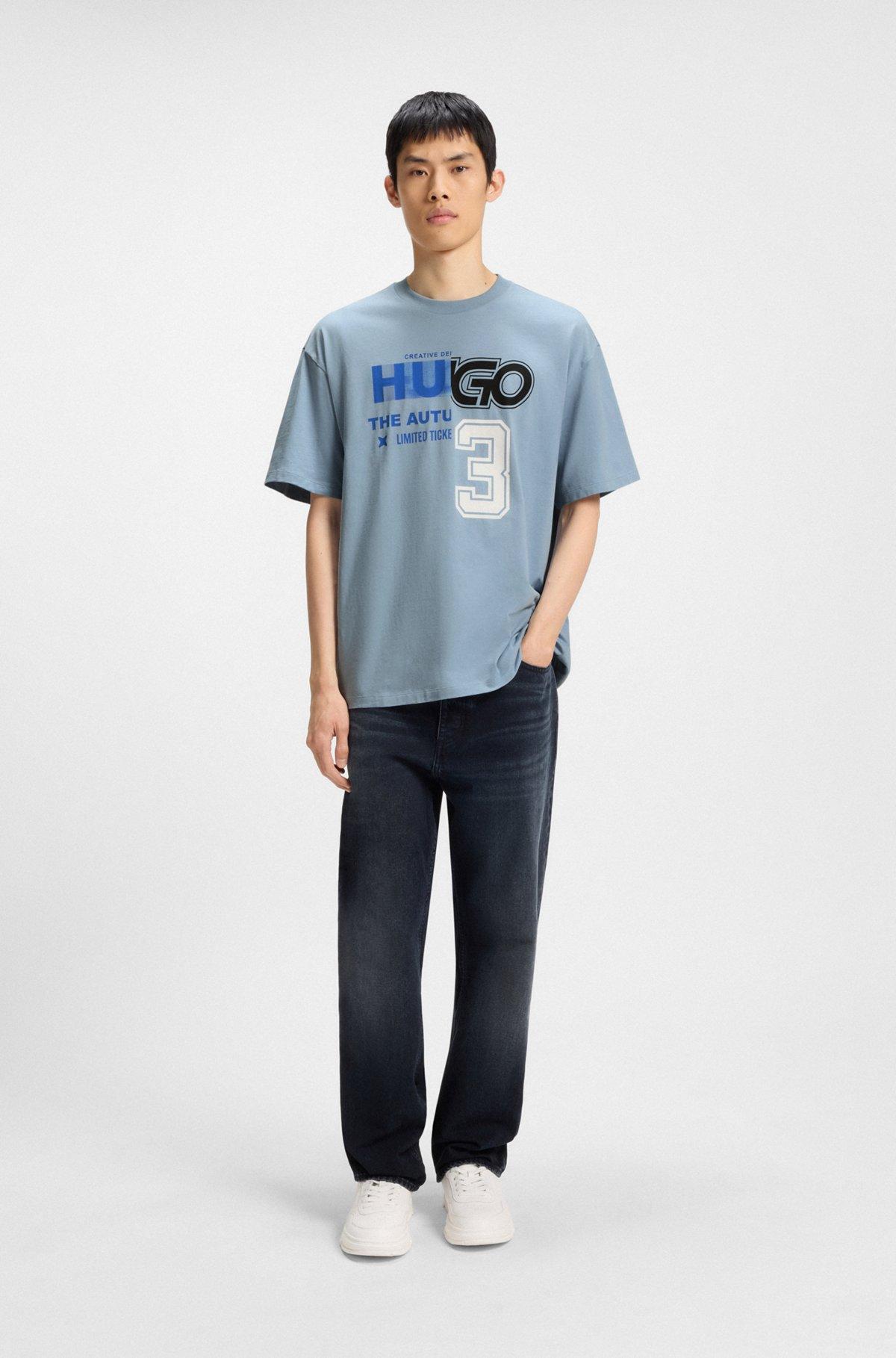 HUGO - Cotton-jersey T-shirt with logo artwork - Light Blue Product Image