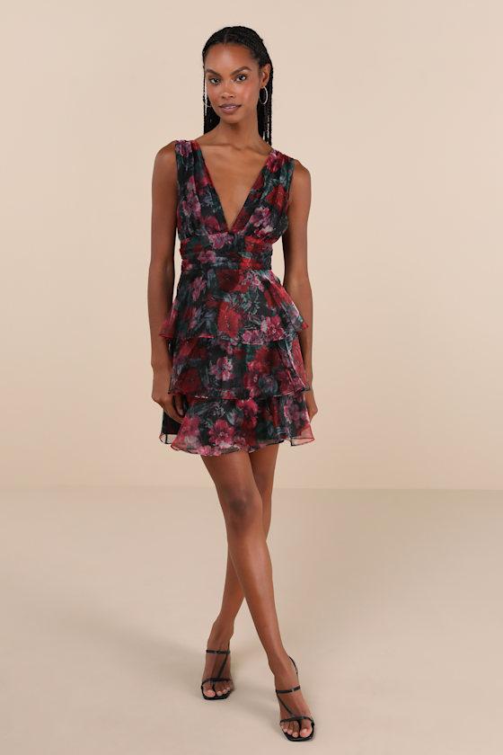 Poised Inspiration Black Multi Floral Organza Tiered Mini Dress Product Image