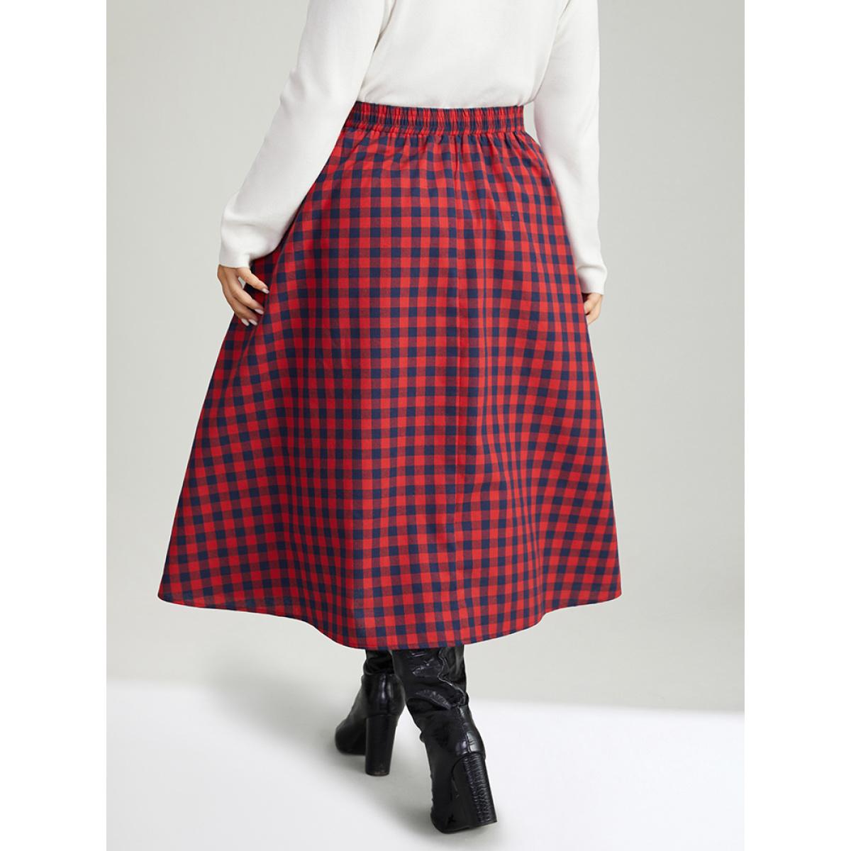 Plus Size Gingham Pocket Elastic Waist Button Detail Skirt Women Scarlet Elegant Elastic Waist Loose No stretch Pocket Festival-Christmas Skirts BloomChic 10/M Product Image