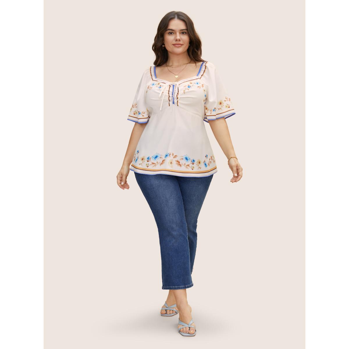 Plus Size Multicolor Heart Neckline Boho Print Drawstring Blouse Women Elegant Short sleeve Heart neckline Everyday Blouses BloomChic 10/M Product Image