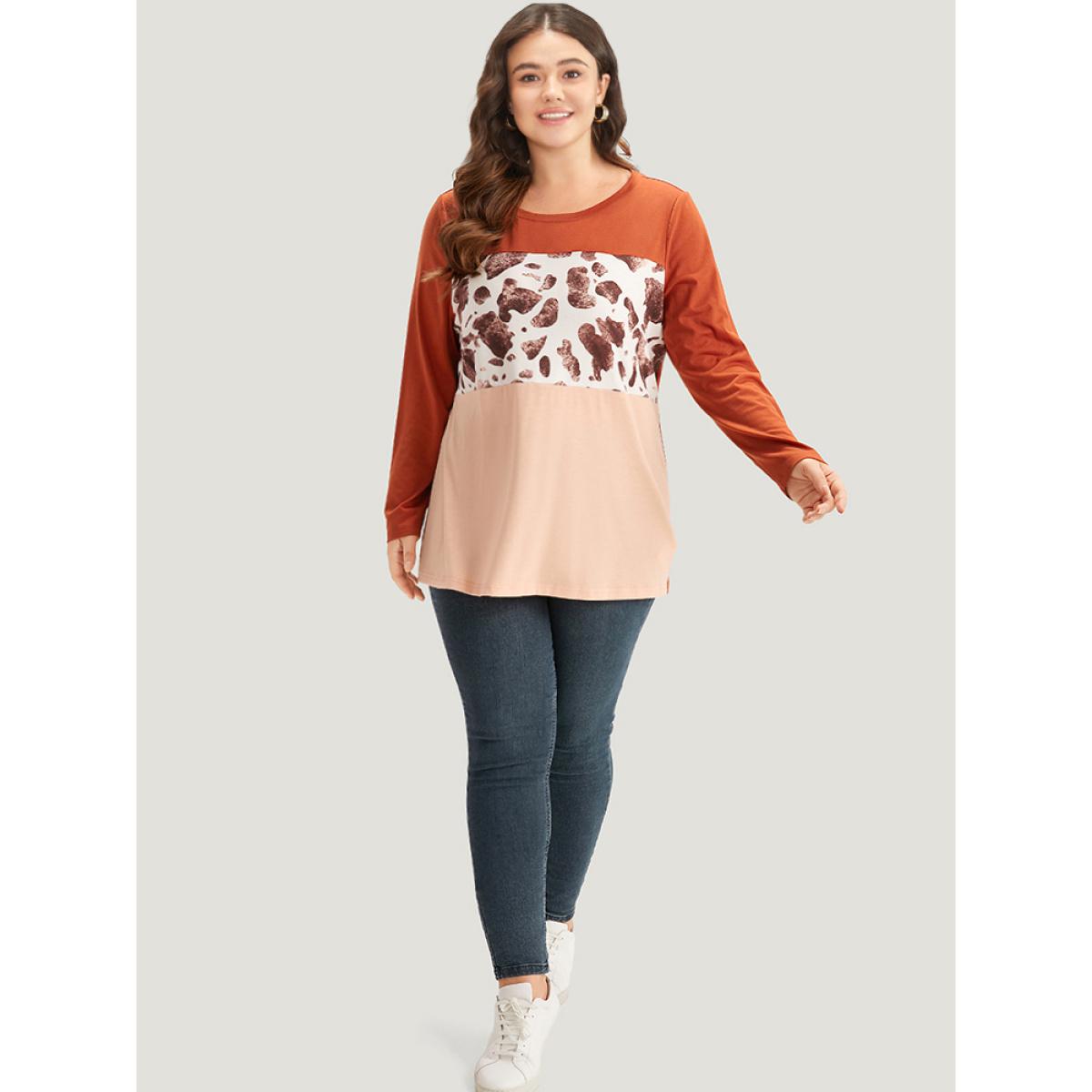 Plus Size Halloween Cow Pattern Contrast Patchwork T-shirt Chocolate Women Casual Patchwork Colorblock Round Neck Dailywear T-shirts BloomChic 14-16/1X Product Image