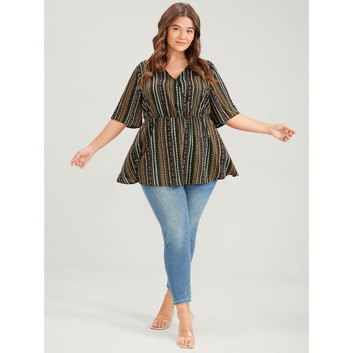 Plus Size Black Striped Elastic Waist Button Ruffles Wrap Blouse Women Elegant Short sleeve V-neck Dailywear Blouses BloomChic 12/L Product Image