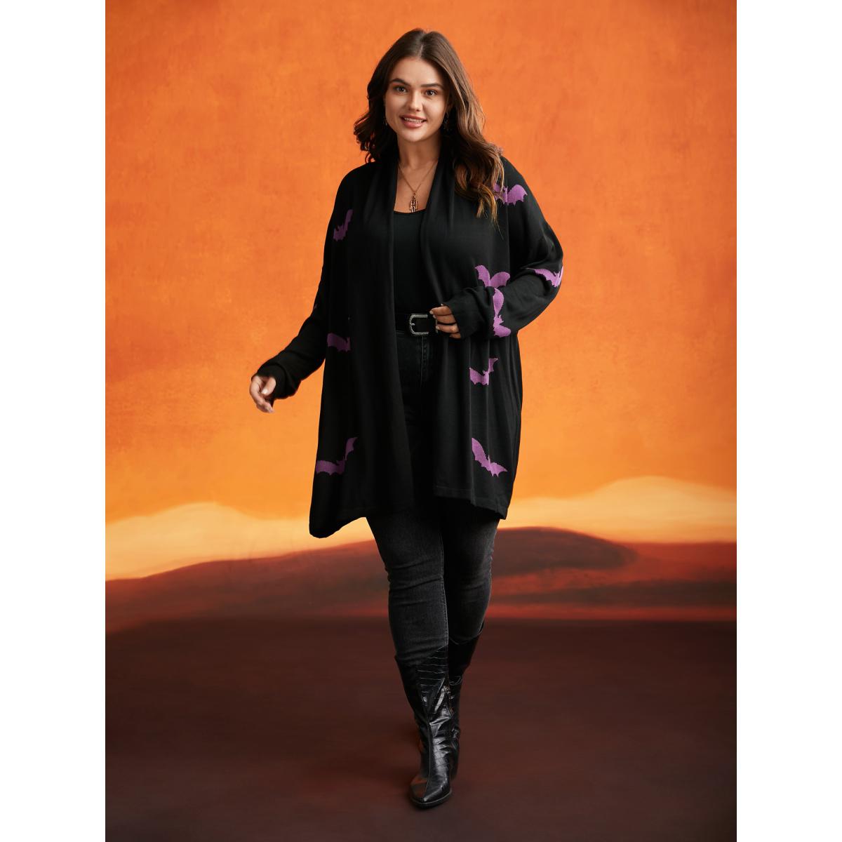 Plus Size Supersoft Essentials Halloween Bat Pattern Lapel Collar Cardigan Black Women Casual Loose Long Sleeve Festival-Halloween Cardigans BloomChic 18-20/2X Product Image