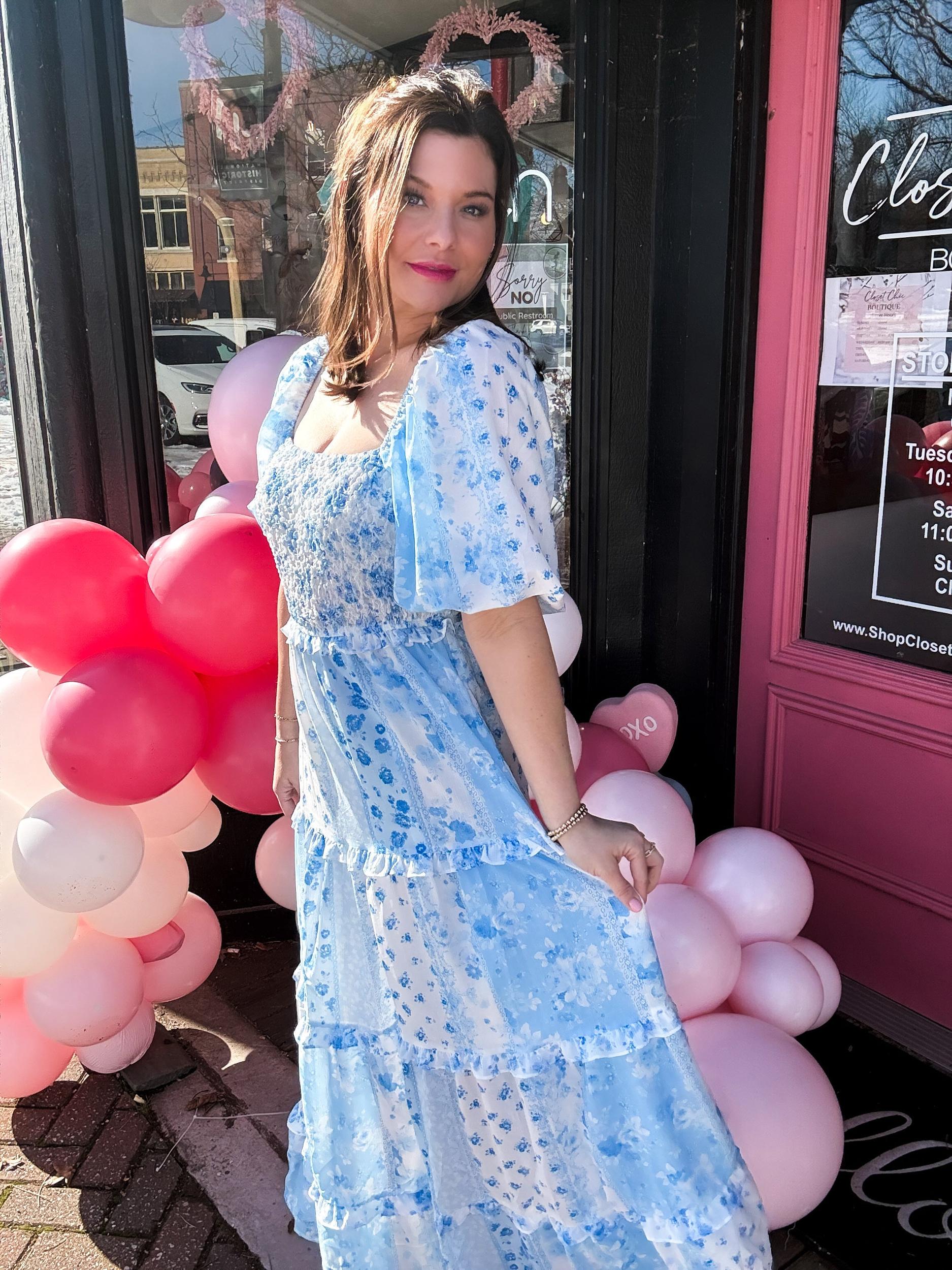 Patchwork Bubble Sleeve Maxi Dress Product Image