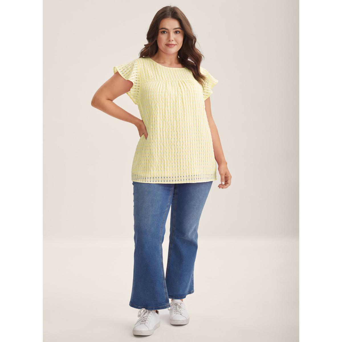 Plus Size Lightyellow Textured Sheer Lined Flutter Sleeve Blouse Women Leisure Cap Sleeve Round Neck Casual Blouses BloomChic 12/L Product Image