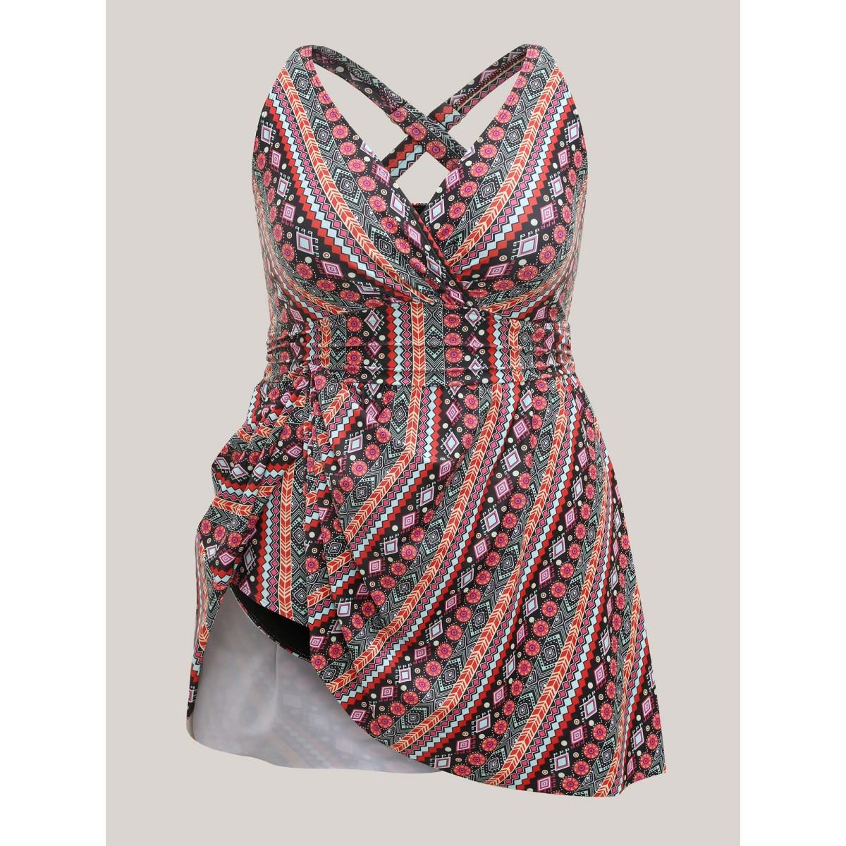 Plus Size Anti-Float Ties Boho Print Swim Dress Women's Swimwear Multicolor Beach Bodycon Overlap Collar High stretch Curve Swim Dresses BloomChic 10/M Product Image