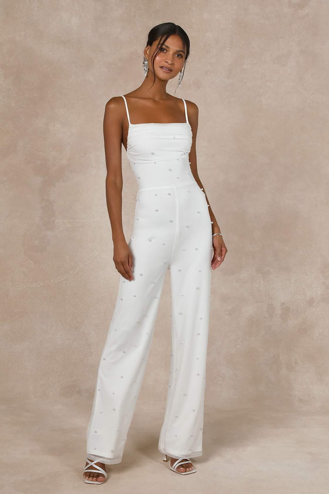 Unbelievably Divine White Mesh Pearl Lace-Up Jumpsuit Product Image