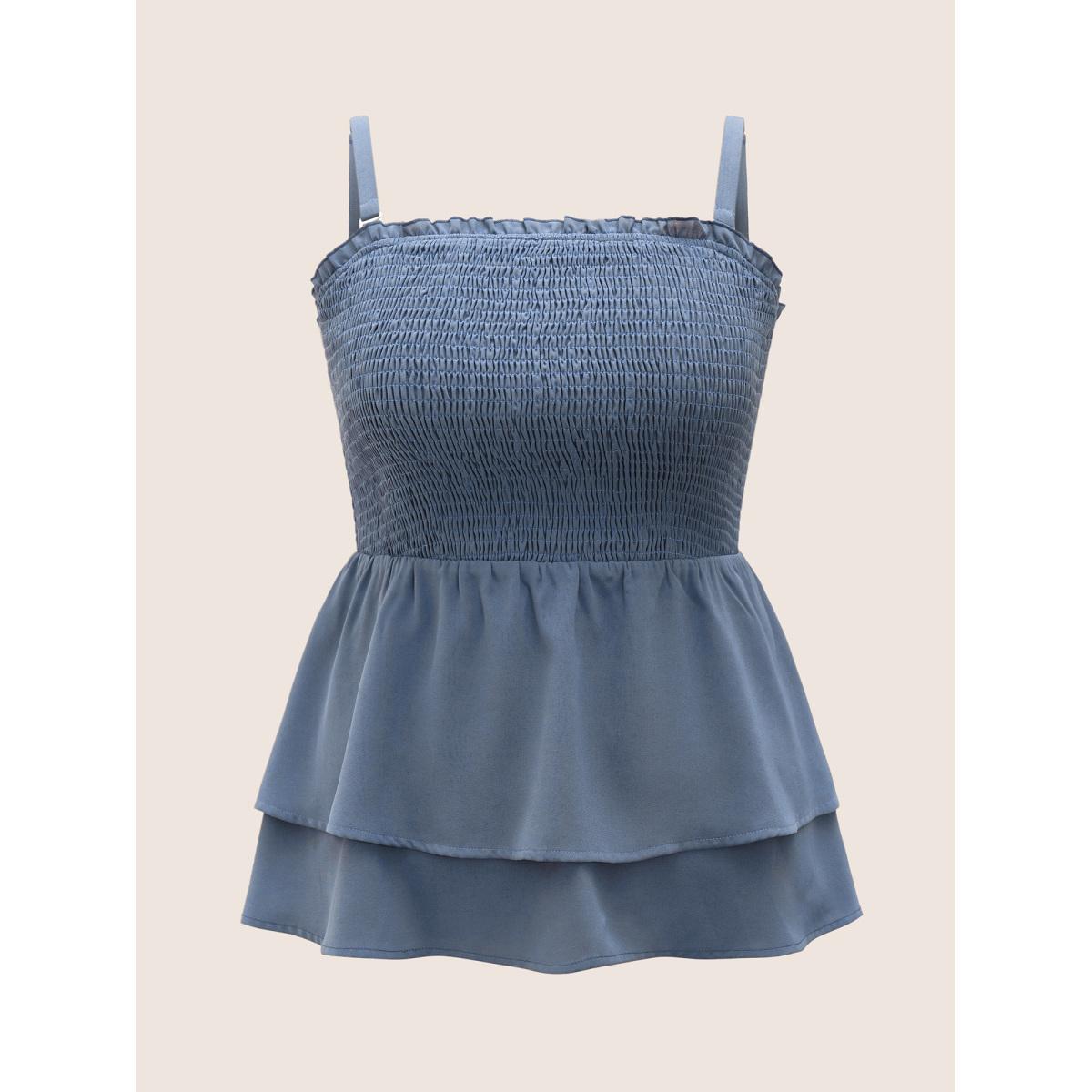 Plus Size Solid Shirred Ruffle Layered Hem Cami Top Women Stone Casual Adjustable Straps Spaghetti Strap Everyday Tank Tops Camis BloomChic 22-24/3X Product Image