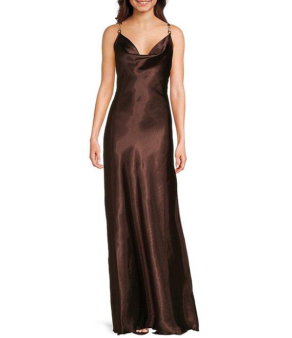 Jump Rhinestone Trim Drape Neck Long Dress Product Image