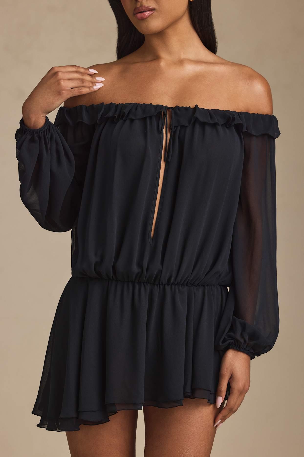 Off-Shoulder Asymmetric Balloon-Sleeve Mini Dress in Black Product Image