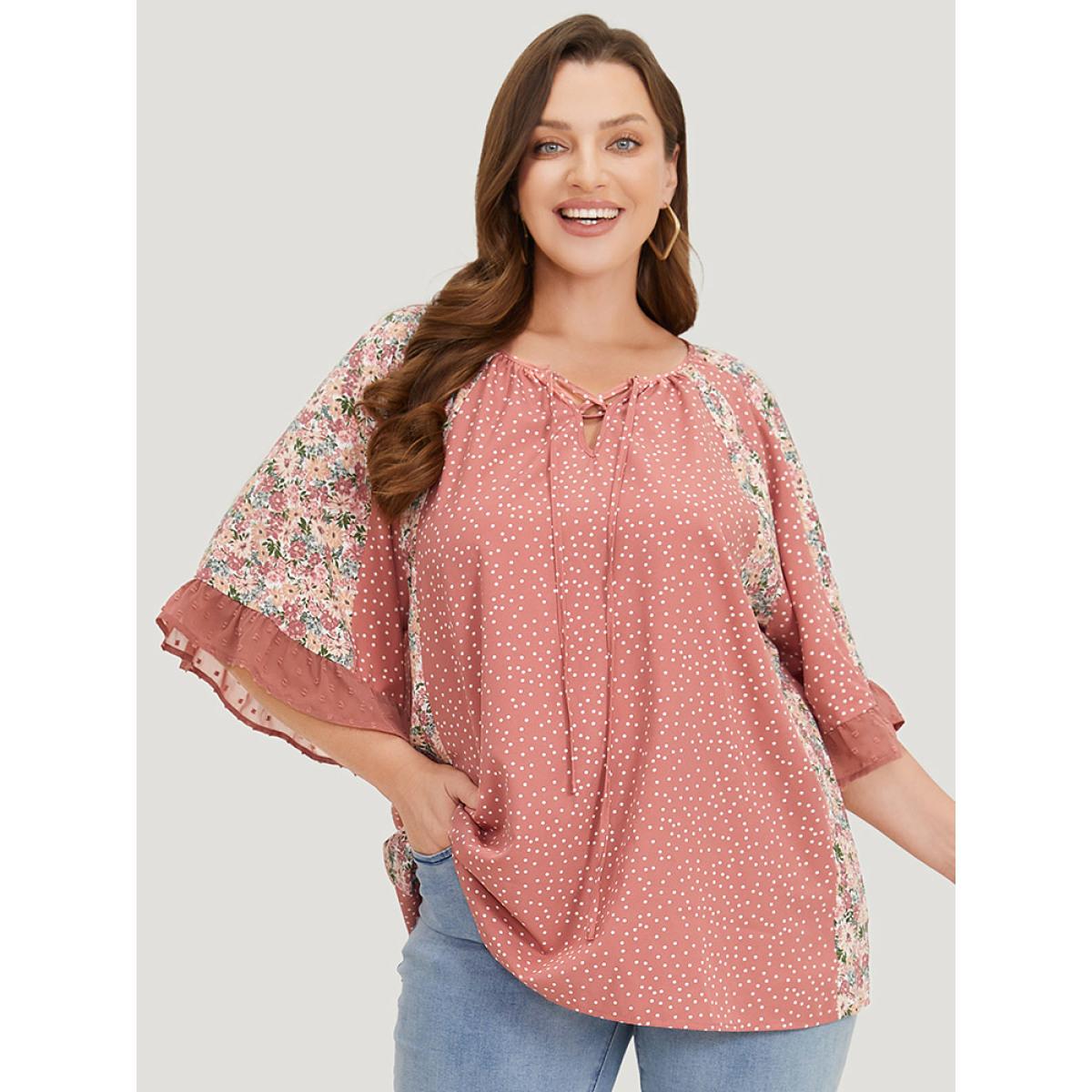 Plus Size Rouge Polka Dot & Ditsy Floral Flounce Sleeve Lace Up Blouse Women Elegant Half Sleeve Tie Neck Dailywear Blouses BloomChic 10/M Product Image