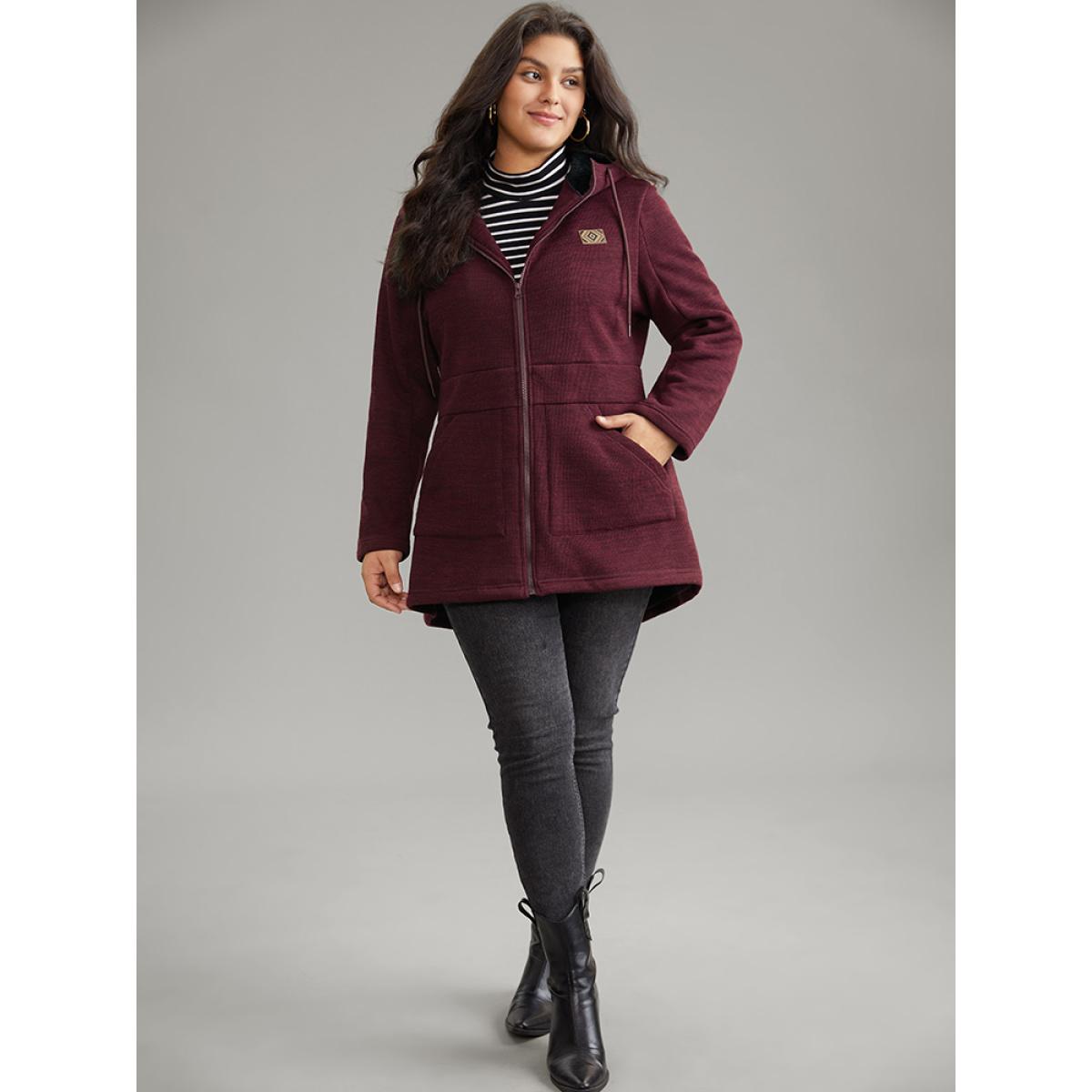 Plus Size Patchwork Contrast Zipper Drawstring Fuzzy Trim Jacket Women Burgundy Contrast Pocket Dailywear Jackets BloomChic 10/M Product Image