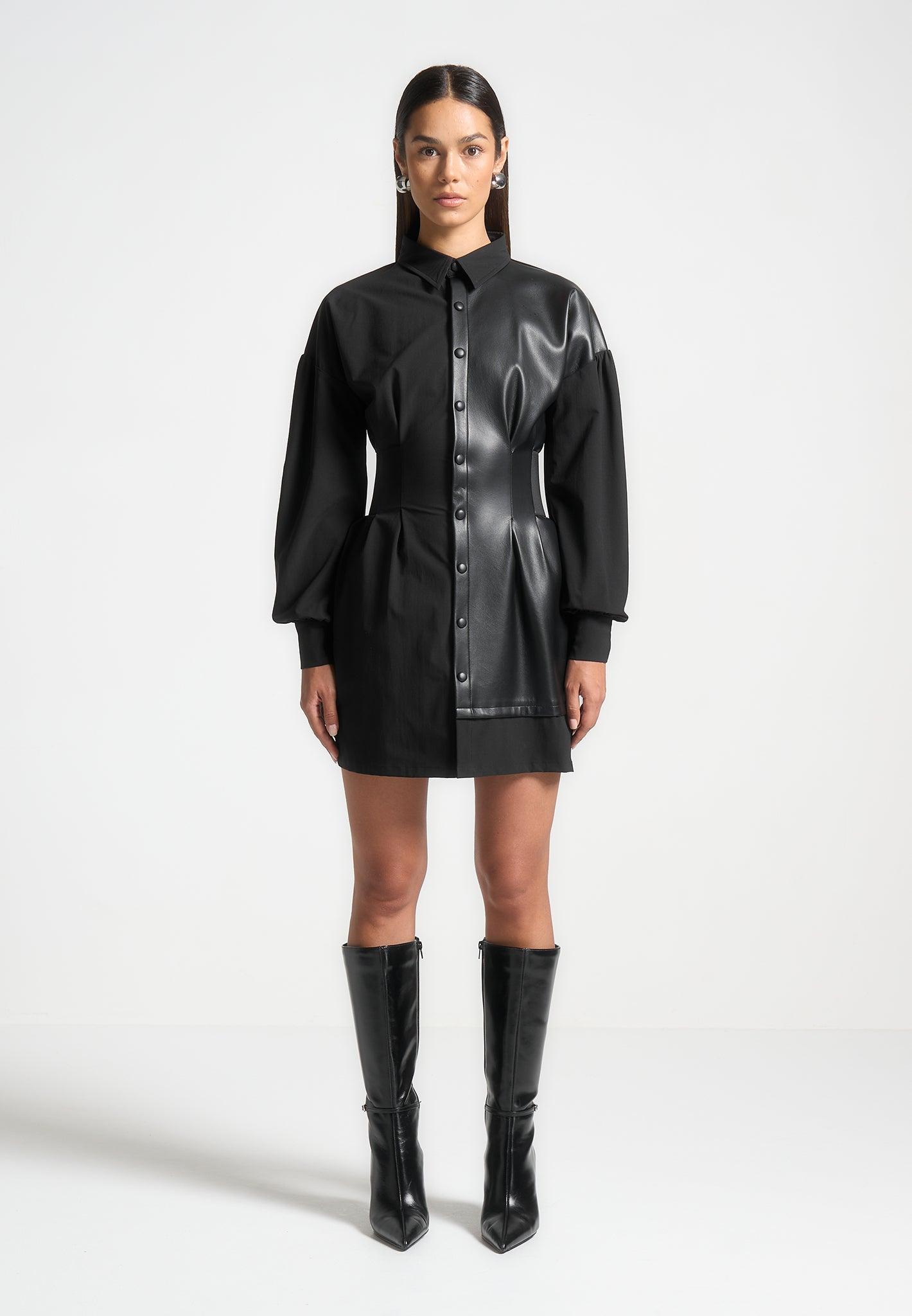 Half Leather Shirt Dress - Black Female Product Image