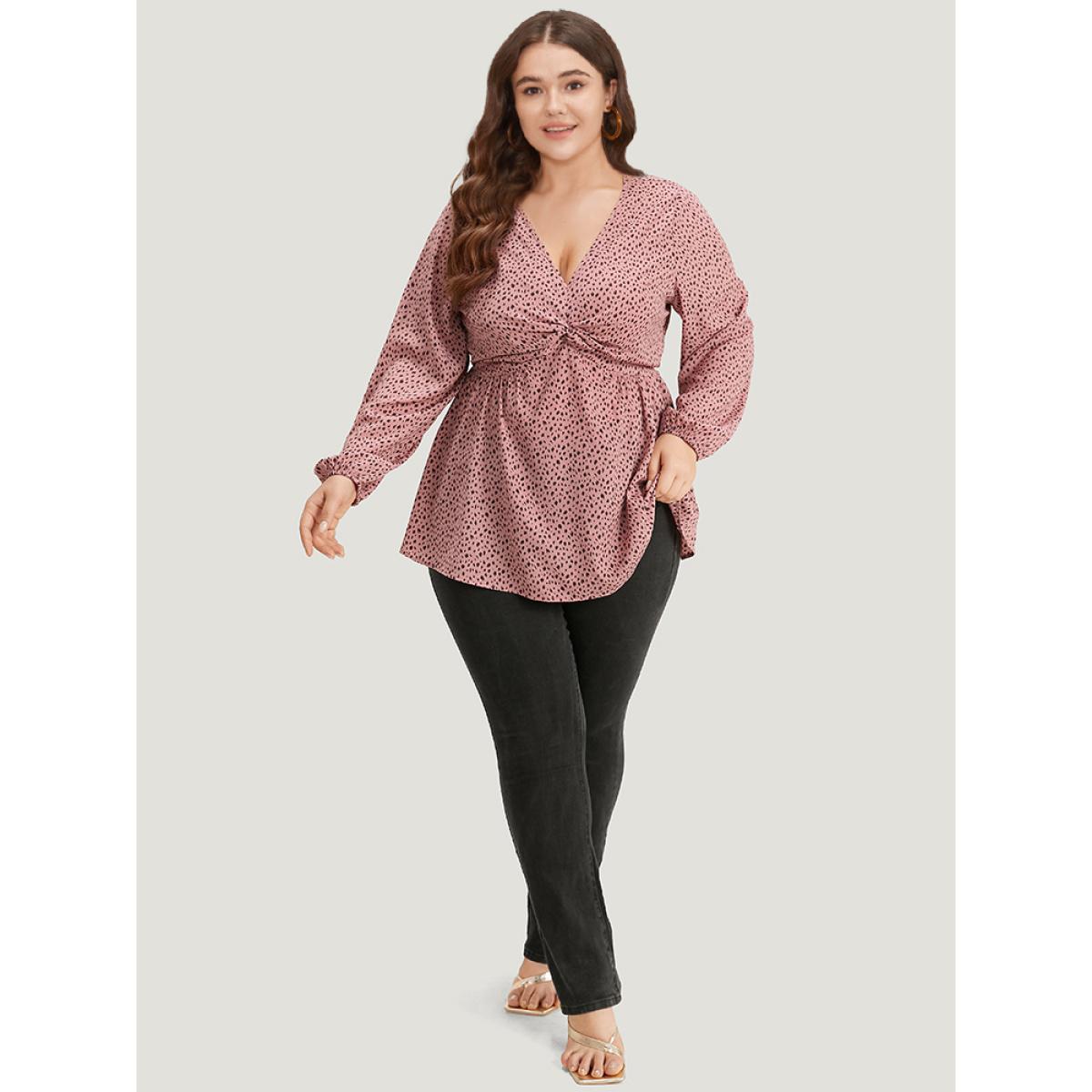 Plus Size Rouge Dot Print Twist Front Gathered V Neck Blouse Women Elegant Long Sleeve V-neck Everyday Blouses BloomChic 12/L Product Image