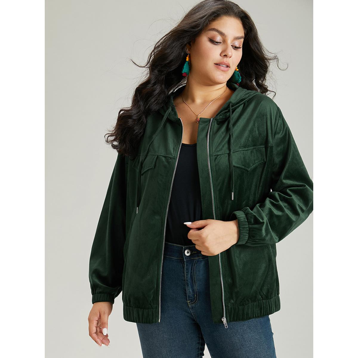 Plus Size Velvet Zipper Pocket Drawstring Hooded Jacket Women Emerald Elastic cuffs Pocket Dailywear Jackets BloomChic 14-16/1X Product Image