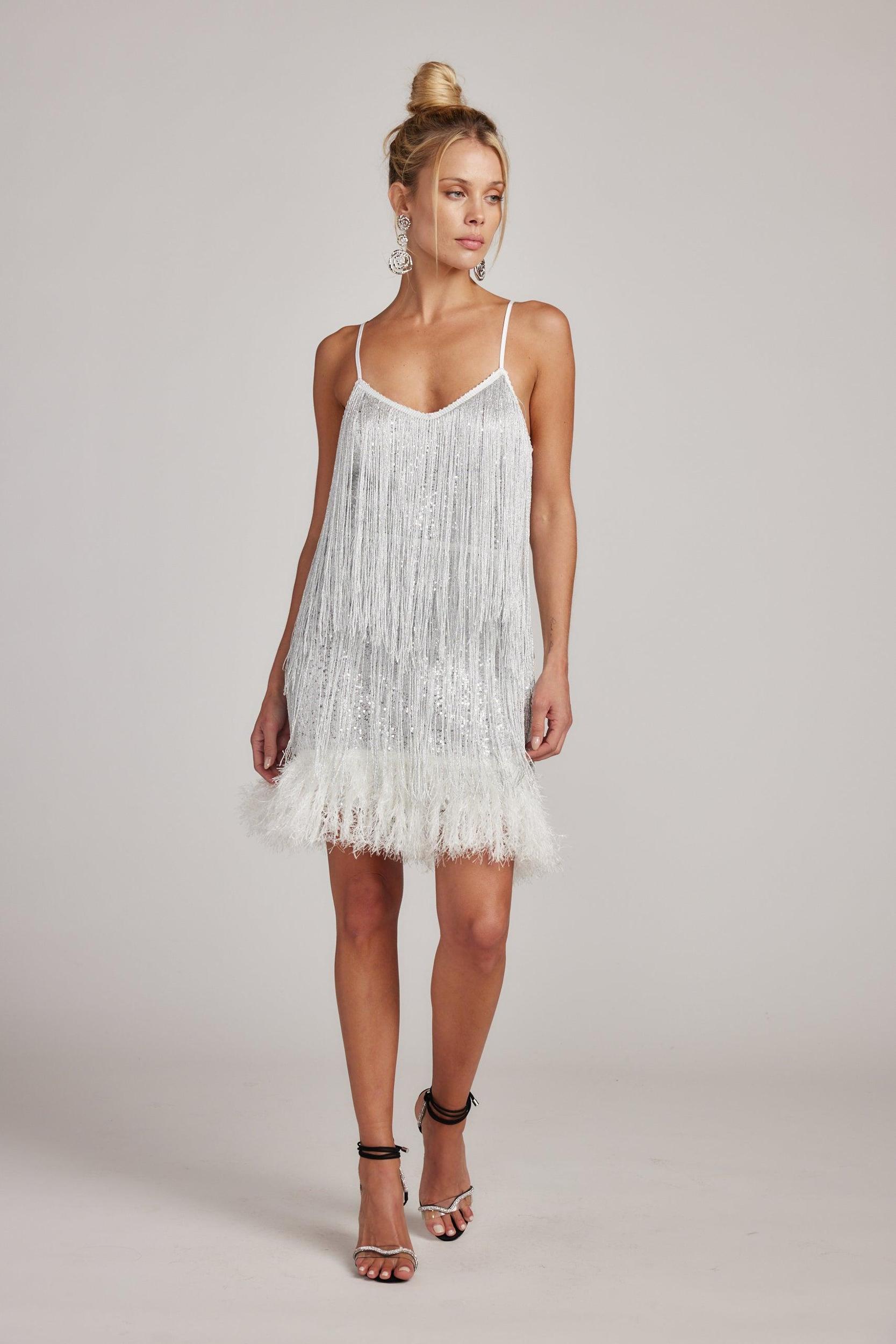 Disco Fever Silver Fringe Mini Dress Product Image