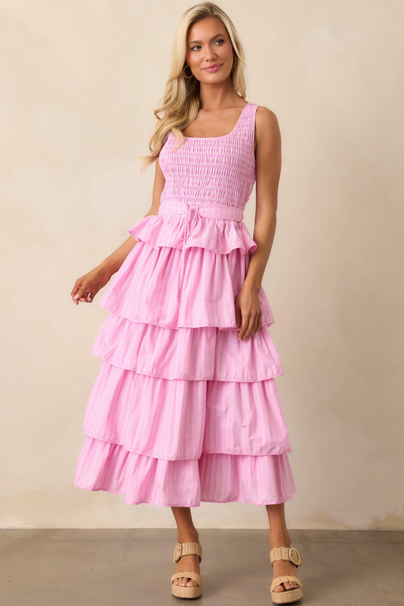 On Cloud Nine Pink Stripe Cotton Ruffle Maxi Dress Product Image