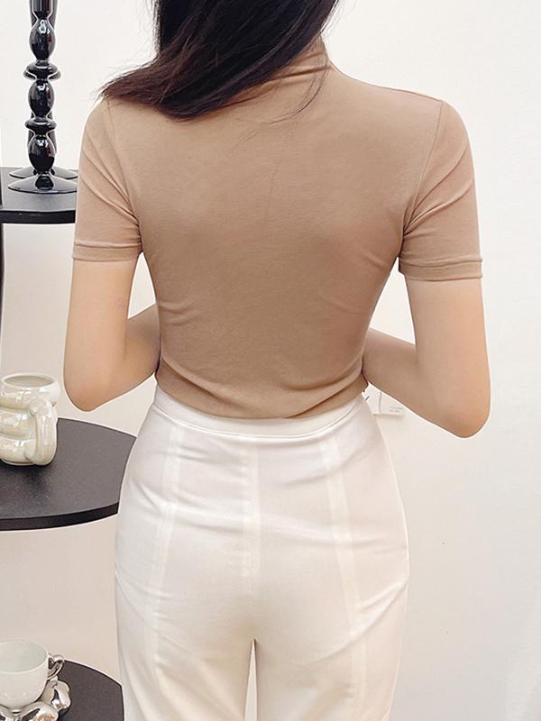 Half Sleeves Skinny Solid Color High Neck T-Shirts Tops Product Image