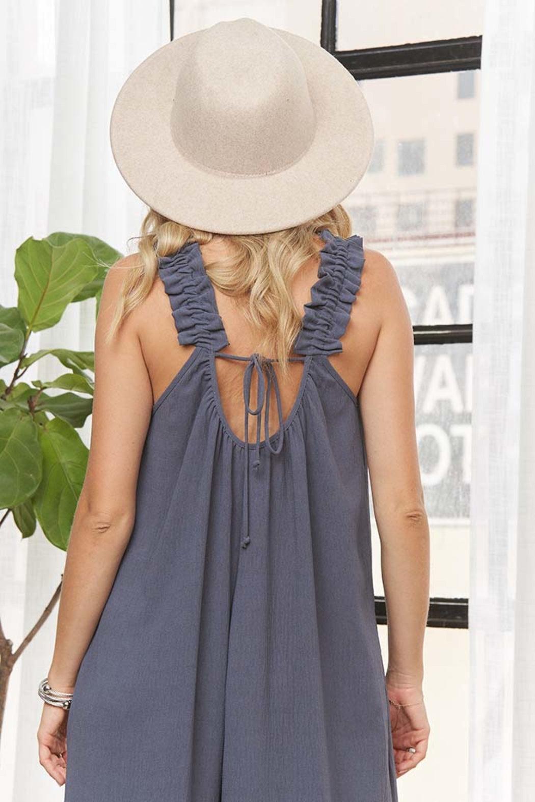 ELASTIC RUFFLE SHOULDER JUMPSUIT Product Image