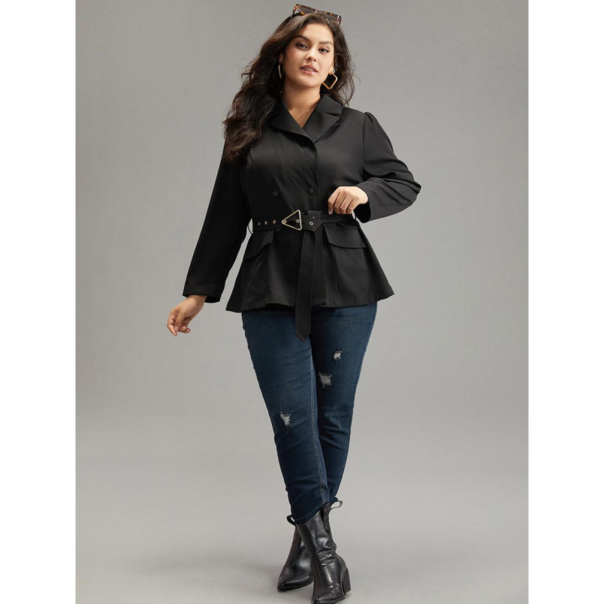 Plus Size Solid Suit Collar Buckle Detail Belted Blazer Black Women Office Plain Plain Sleeve Long Sleeve Suit Collar 18-20/2X Belt At the Office Blazers BloomChic Product Image