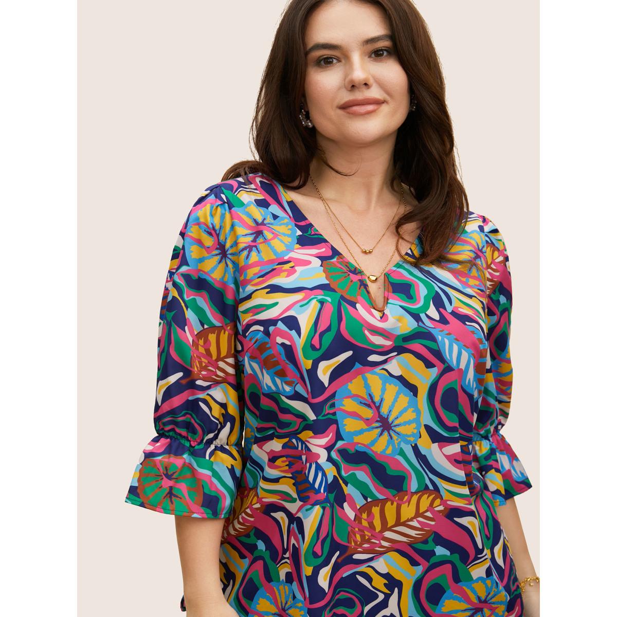 Plus Size Multicolor Tropical Print Notched Lantern Sleeve Blouse Women Elegant Elbow-length sleeve Notched collar Everyday Blouses BloomChic 12/L Product Image