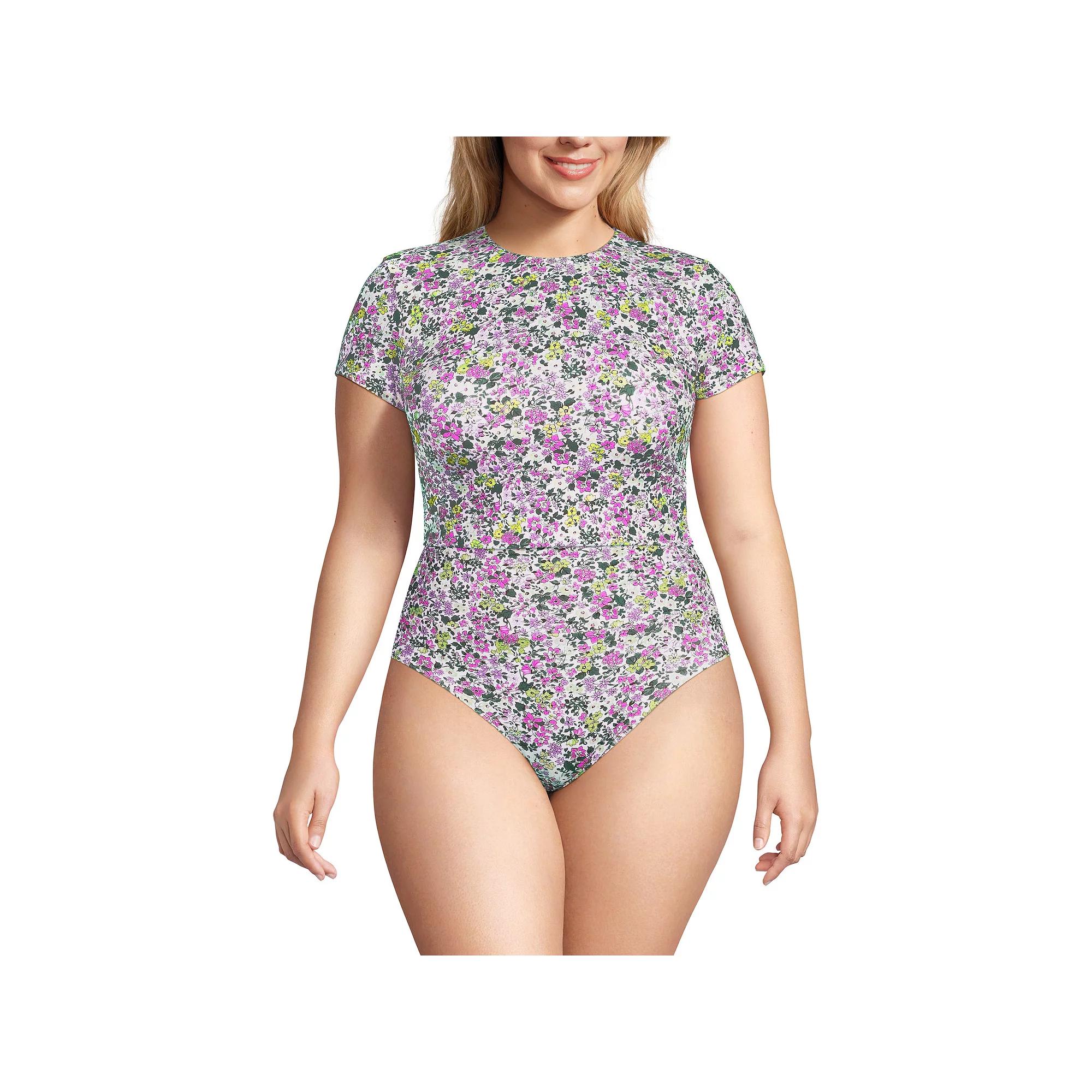 Plus Size Lands' End Tugless Cap Sleeve Midkini Swim Top, Women's, Size: 16 W, White Ditsy Floral Product Image