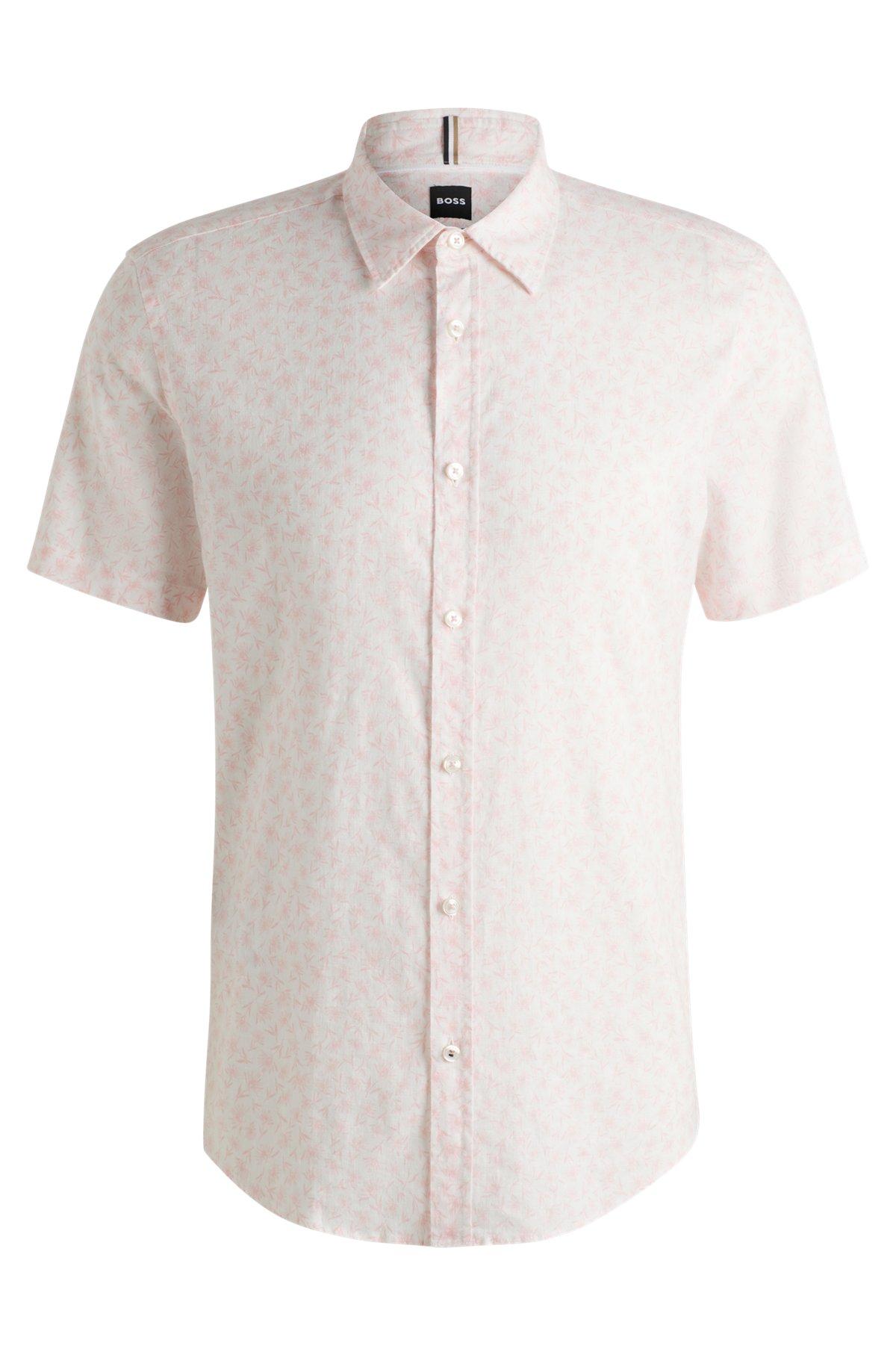 BOSS - Slim-fit shirt in floral-print stretch linen - light pink Product Image