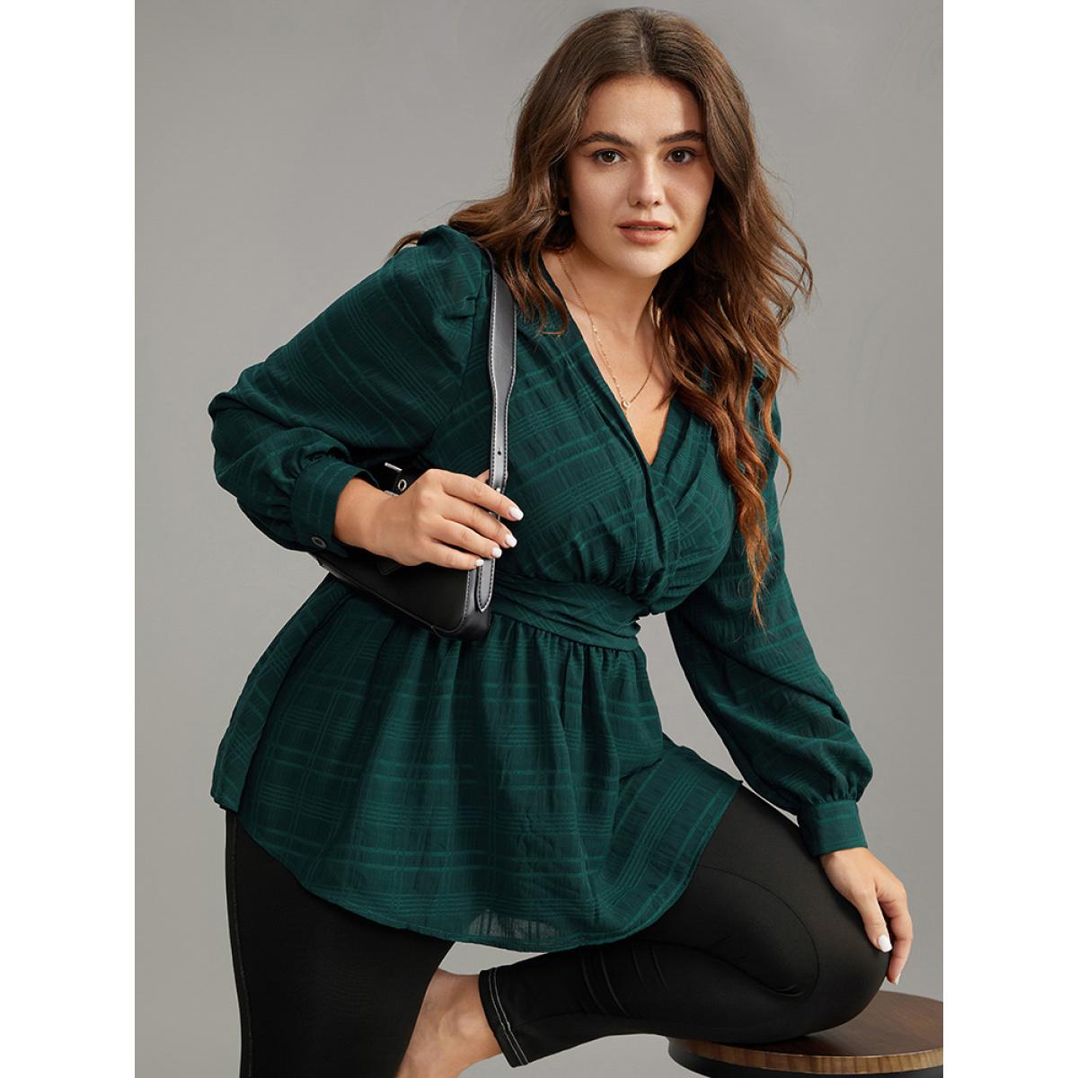 Plus Size DarkGreen Plaid Wrap Ruched Lantern Sleeve Blouse Women Office Long Sleeve V-neck Office Blouses BloomChic 28/5X Product Image