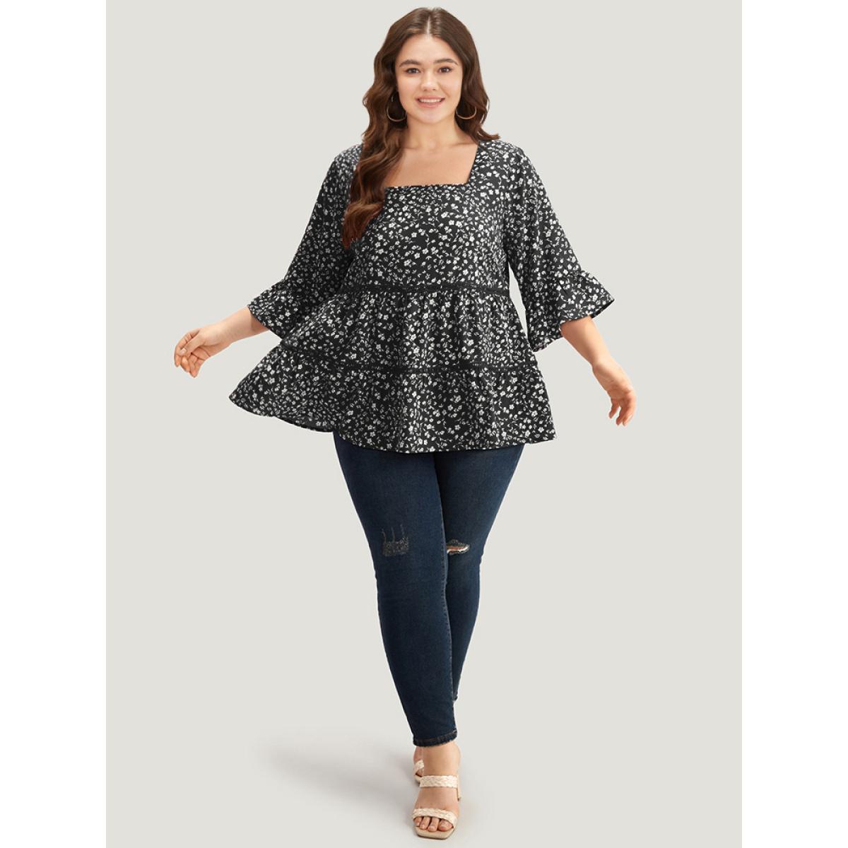 Plus Size Black Silhouette Floral Print Lace Patchwork Square Neck Flutters Blouse Women Elegant Elbow-length sleeve Square Neck Dailywear Blouses BloomChic 26/4X Product Image