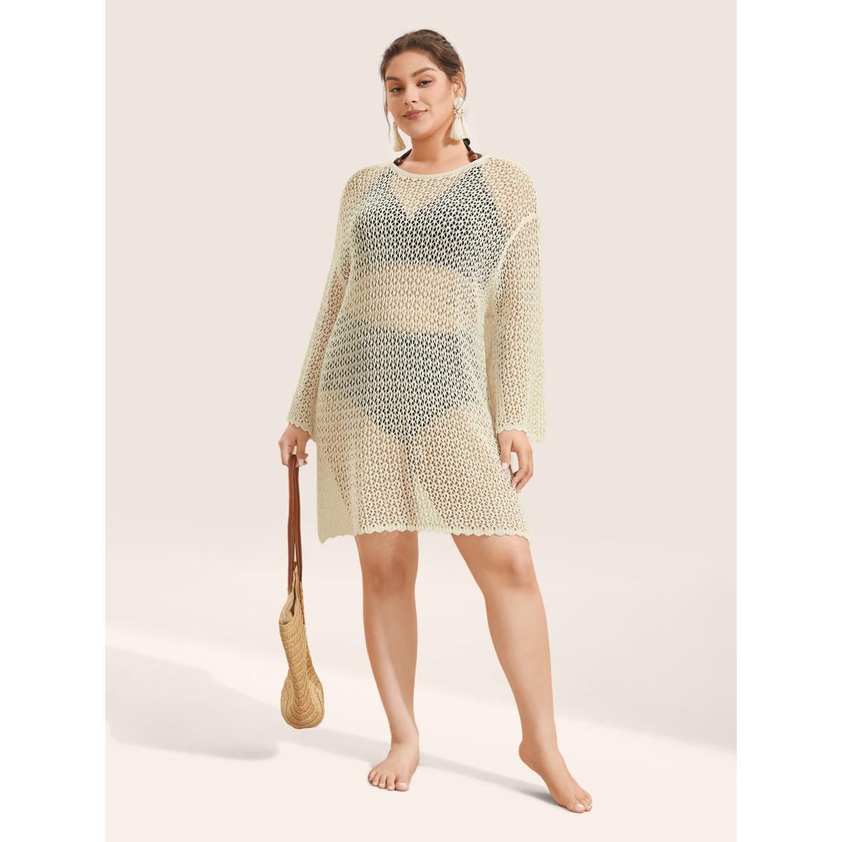 Plus Size Plain Textur Pointelle Knit Bell Sleeve Swim Cover Up Women's Swimwear Ivory Beach Cut-Out Curve Swim Cover Ups BloomChic 18-20/2X Product Image