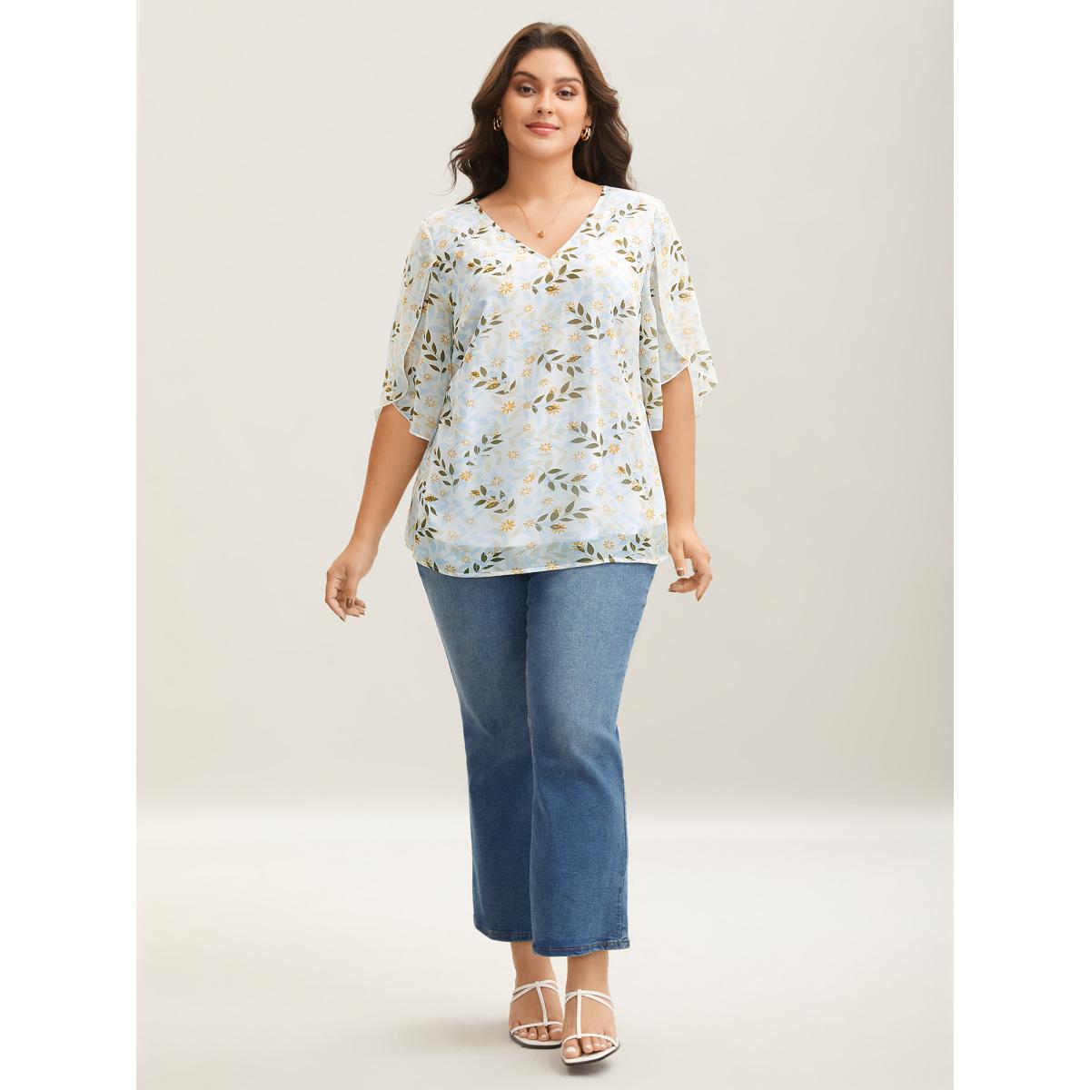 Plus Size Originalwhite Leafy Floral Print Petal Sleeve Blouse Women Elegant Elbow-length sleeve V-neck Everyday-Elegant Blouses BloomChic 14-16/1X Product Image