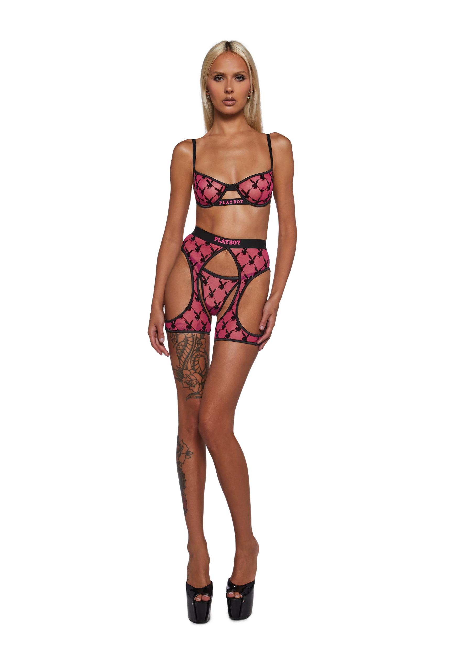 Playboy Flocked Bunny Chaps Set - Pink/Black Product Image