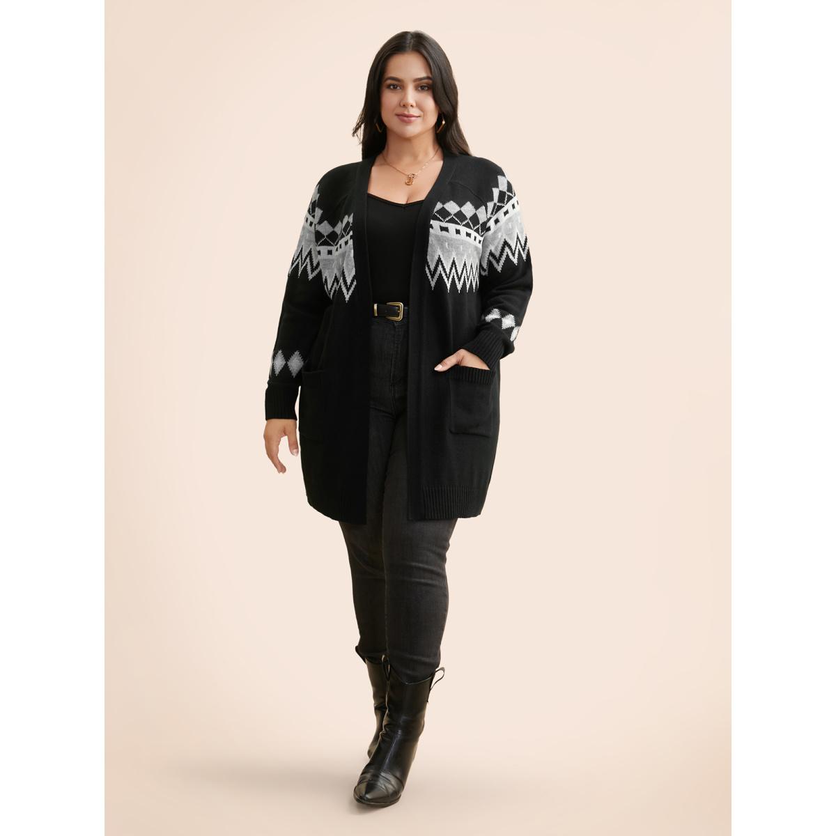 Plus Size Bandana Geometric Raglan Sleeve Cardigan Black Women Casual Loose Long Sleeve Everyday Cardigans BloomChic 28/5X Product Image
