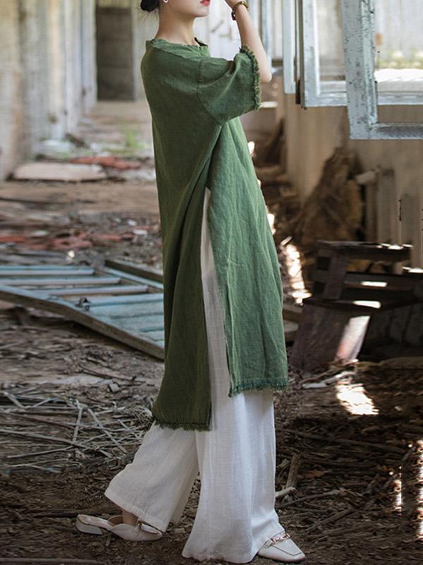 Half Sleeves High-low Fringed Solid Color Split-Joint Split-side Round-neck Midi Dresses Product Image