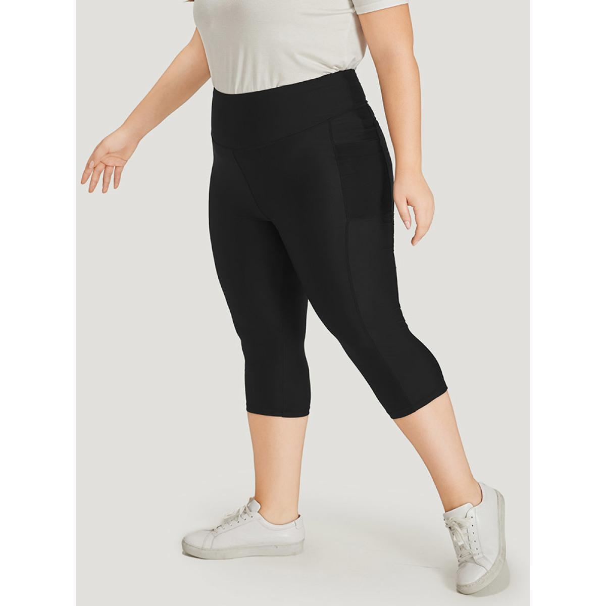 Plus Size Plain Patchwork Pocket Wideband Waist Leggings Women Black Casual High stretch High Rise Dailywear Leggings BloomChic 22-24/3X Product Image