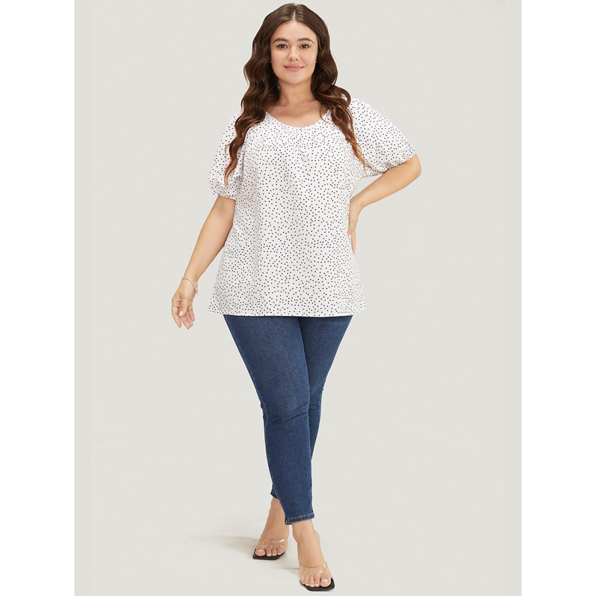 Plus Size White Polka Dot Pleated Round Neck Puff Sleeve Blouse Women Office Short sleeve Round Neck Office Blouses BloomChic 26/4X Product Image