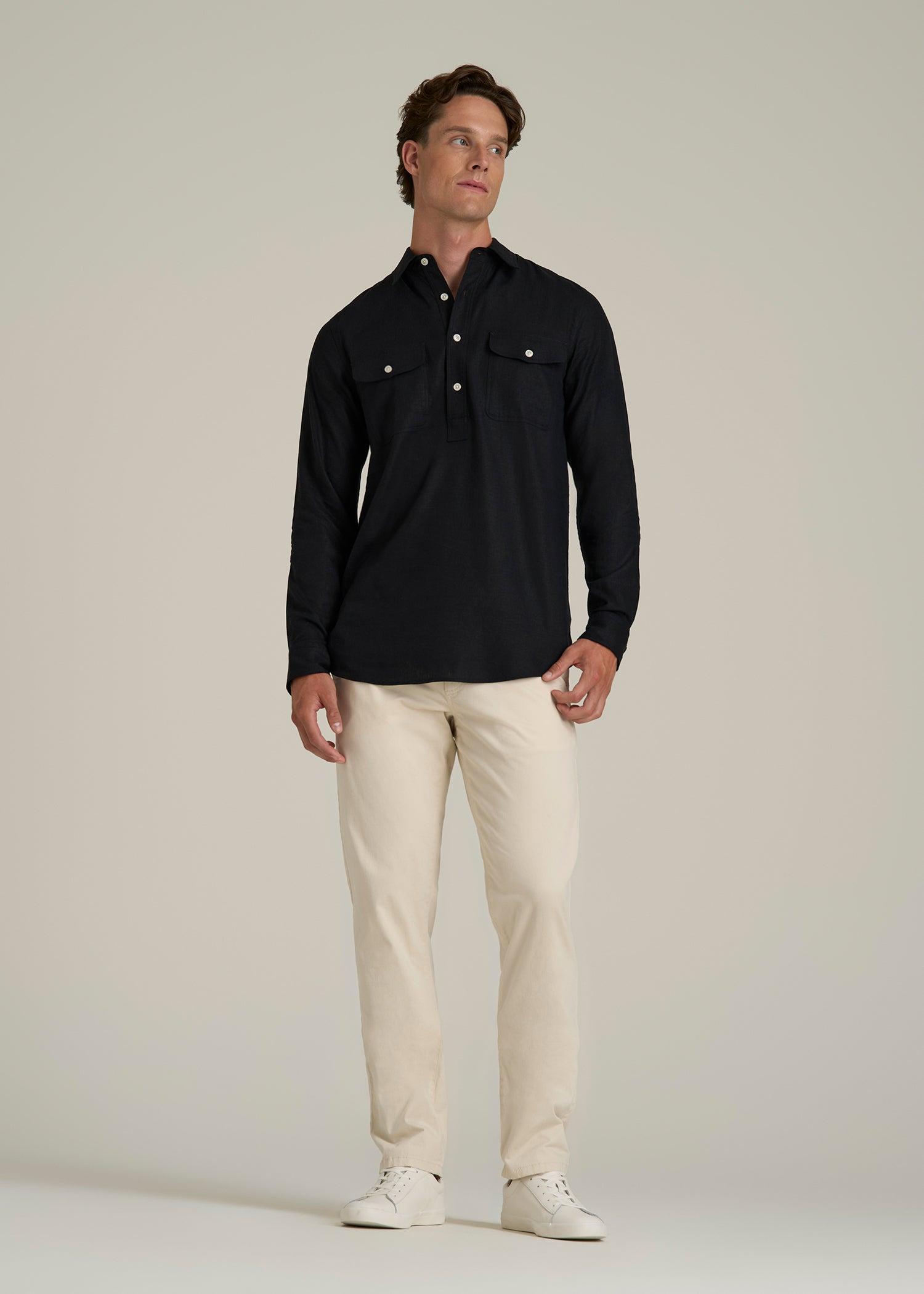 Linen Popover Shirt for Tall Men in Black Male Product Image