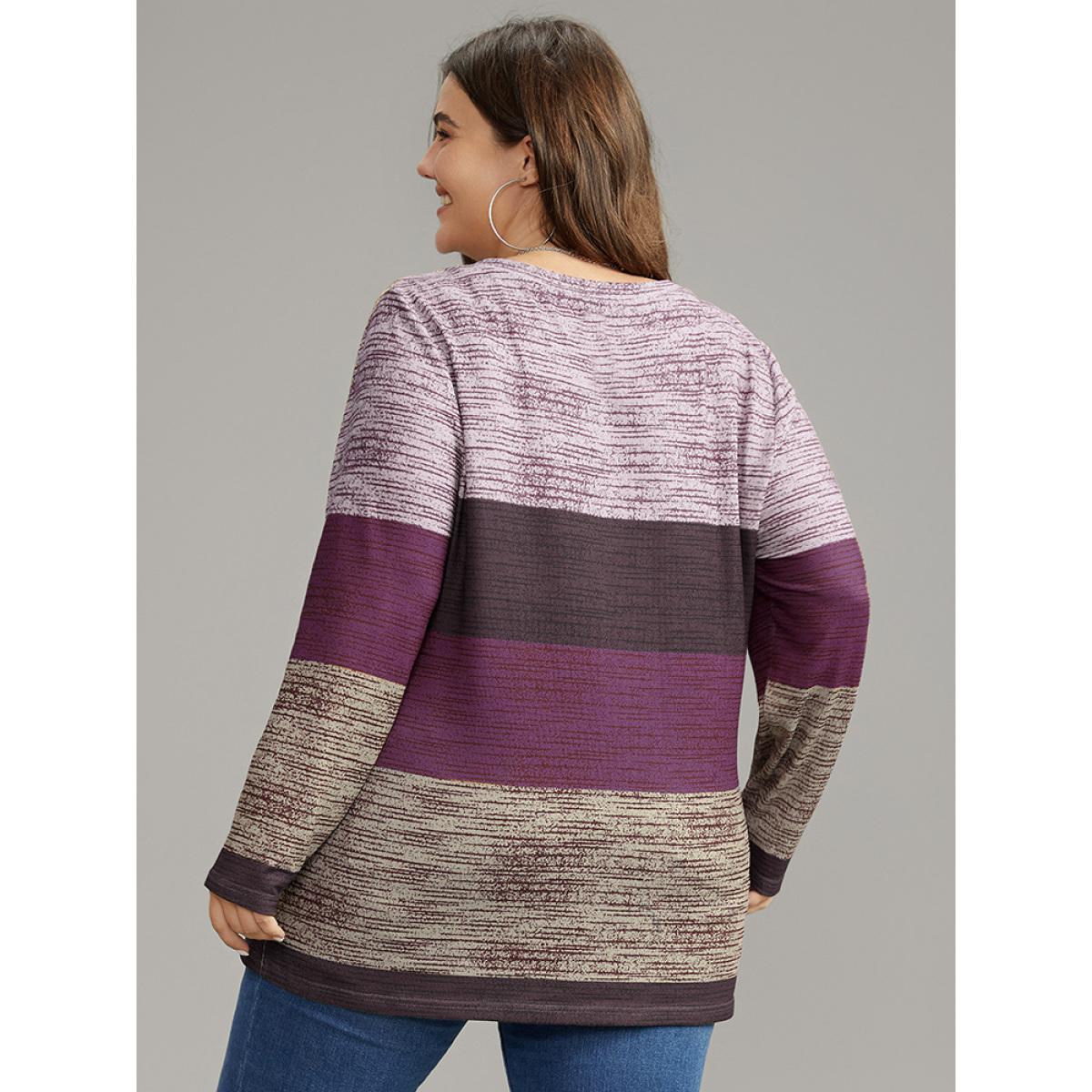 Plus Size Striped Colorblock Contrast V Neck T-shirt Purple Women Casual Contrast Colorblock V-neck Everyday T-shirts BloomChic 28/5X Product Image