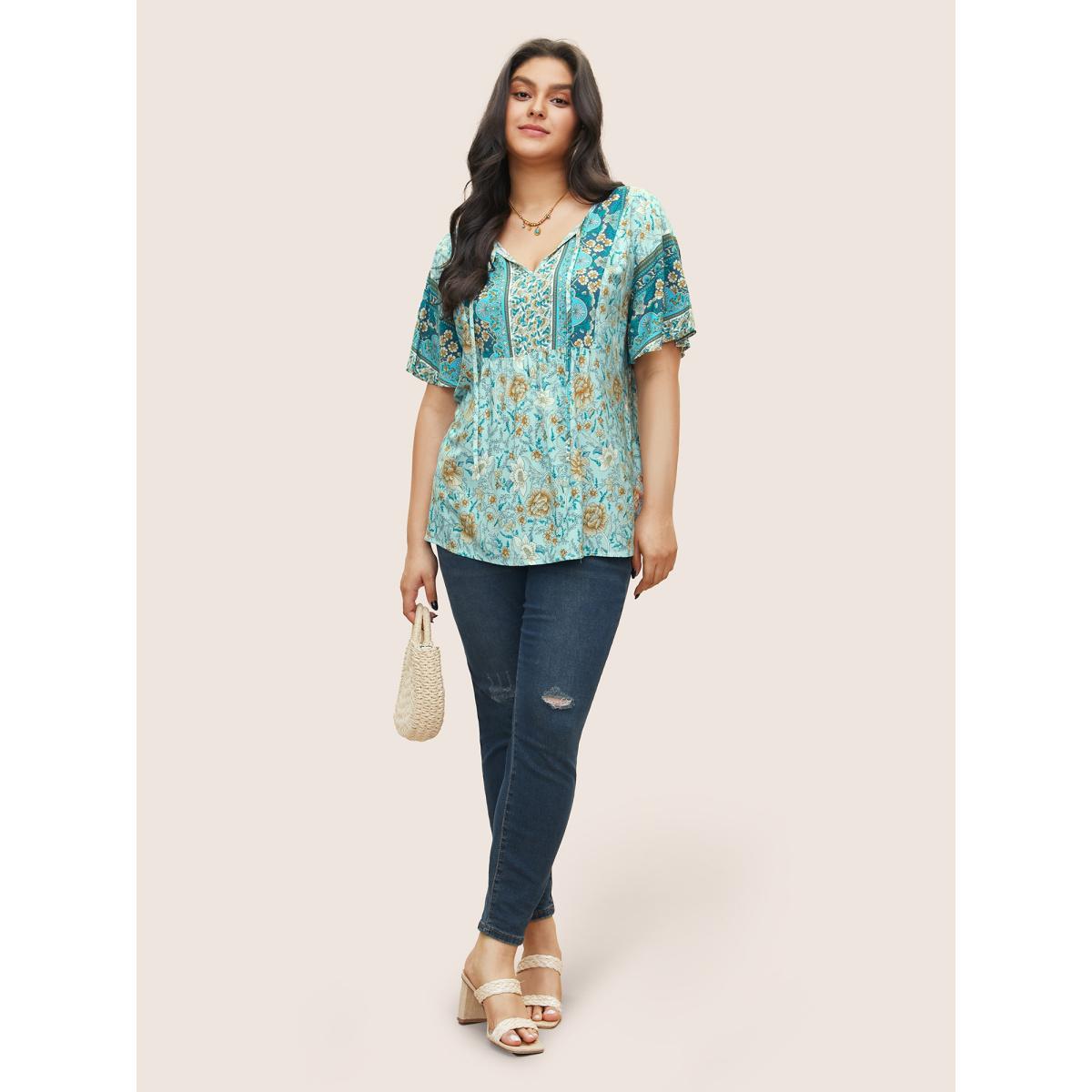 Plus Size Cerulean Boho Print Tie Neck Gathered Blouse Women Resort Half Sleeve Notched collar Vacation Blouses BloomChic 14-16/1X Product Image