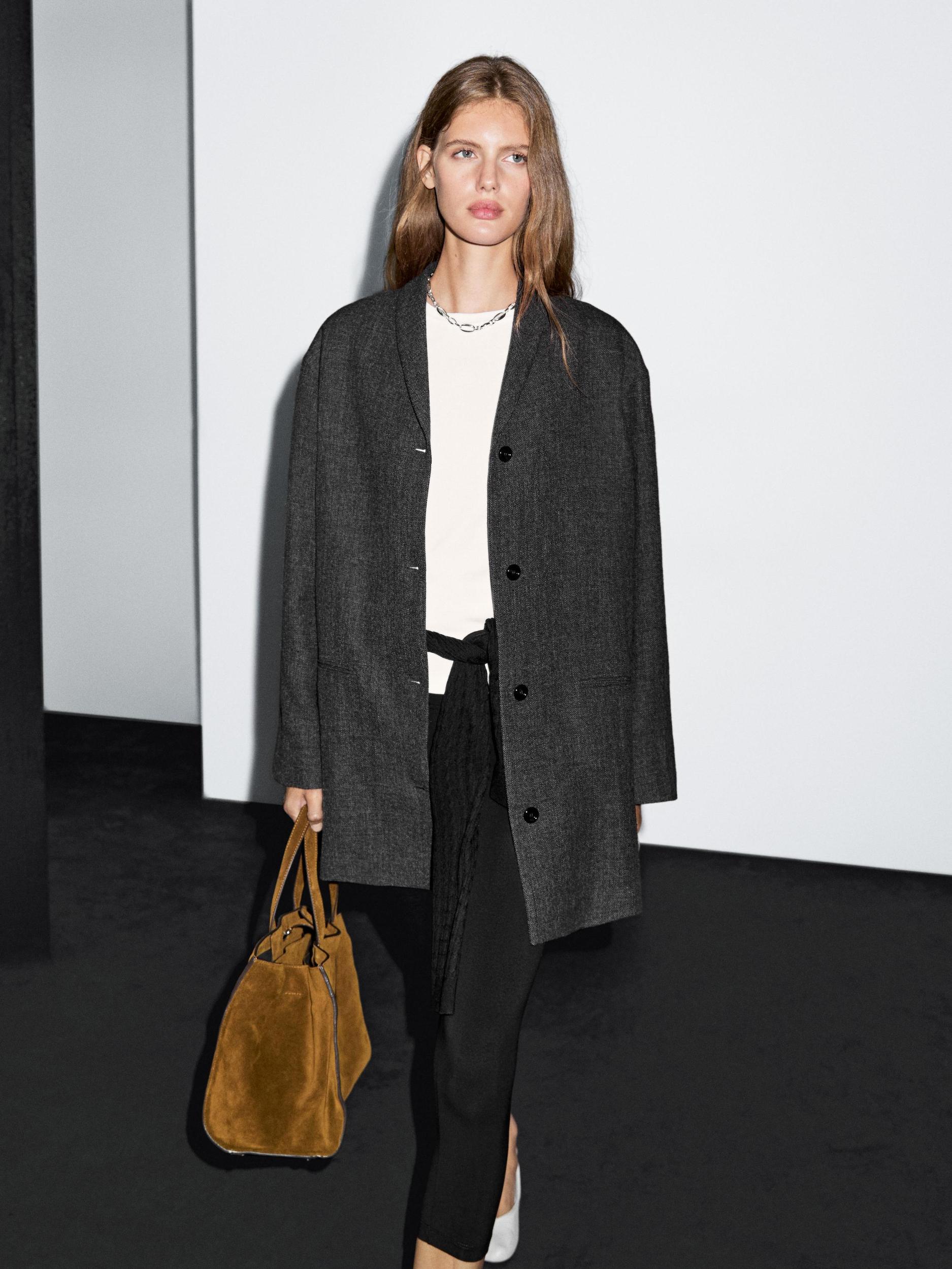 Mid-length wool blend coat with lapel collar Product Image