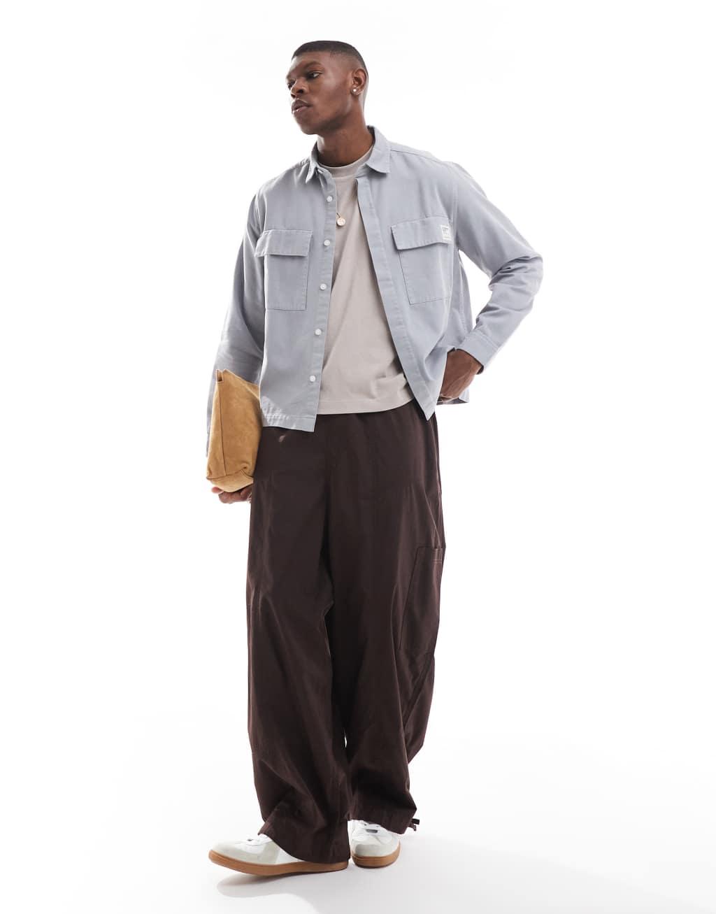 ASOS DESIGN boxy overshirt with badge detail in gray Product Image