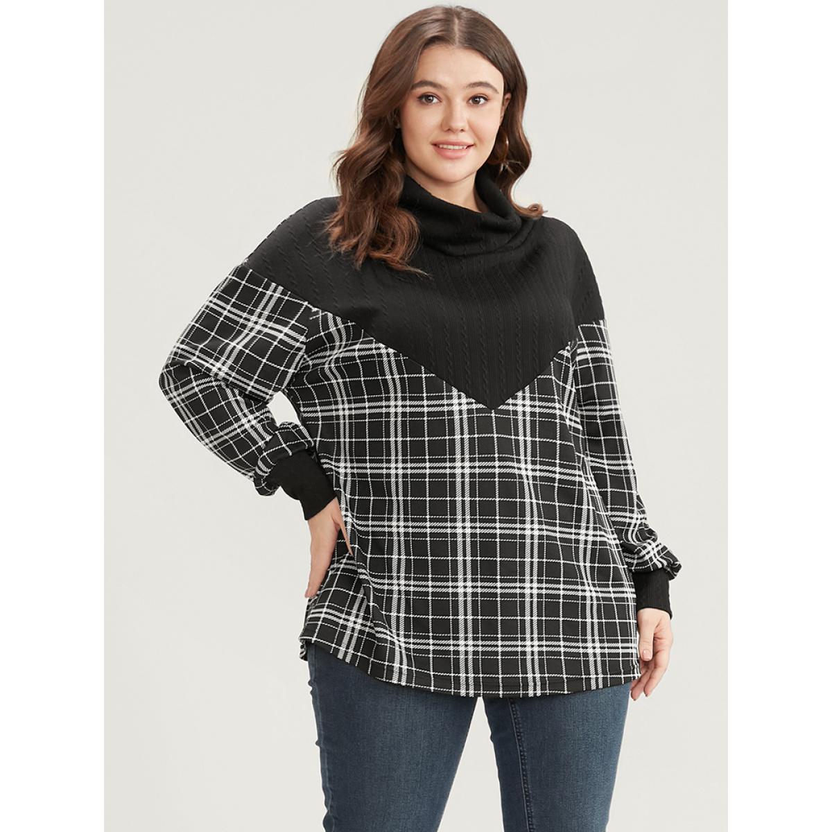 Plus Size Plaid Patchwork Button Detail Funnel Neck Sweatshirt Women Black Elegant Contrast Turtleneck Dailywear Sweatshirts BloomChic 10/M Product Image