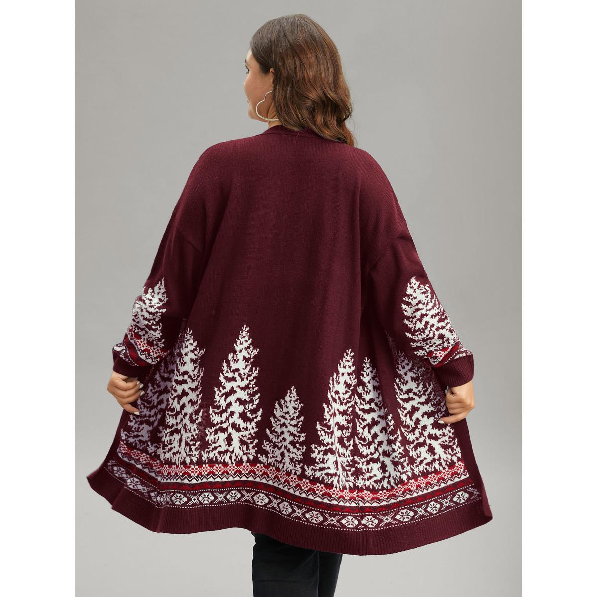 Plus Size Christmas Trees Contrast Cardigan Deepred Women Casual Loose Long Sleeve Festival-Christmas Cardigans BloomChic 14-16/1X Product Image