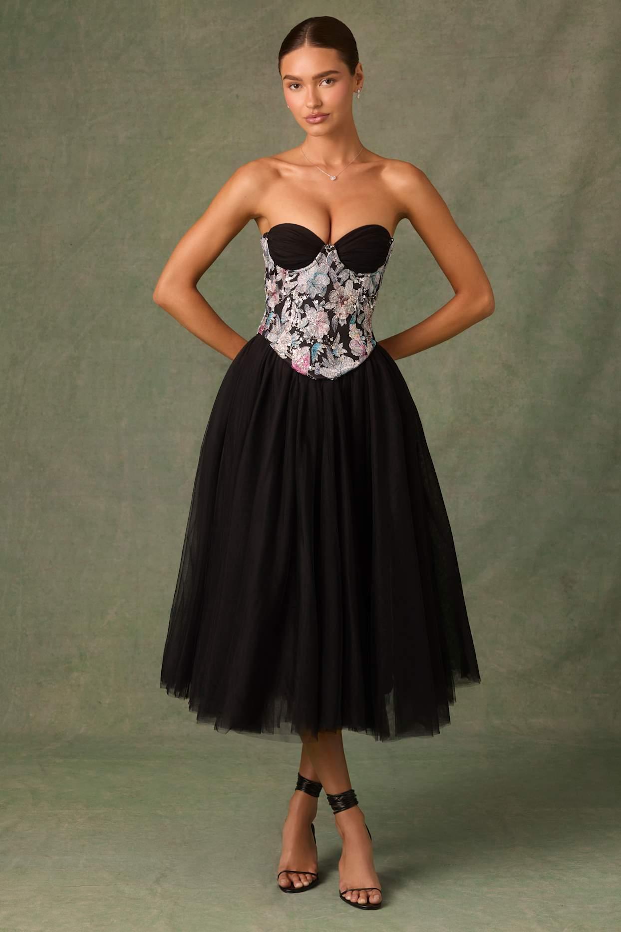 Embellished Lace-Up Cupless Corset in Floral Black Product Image