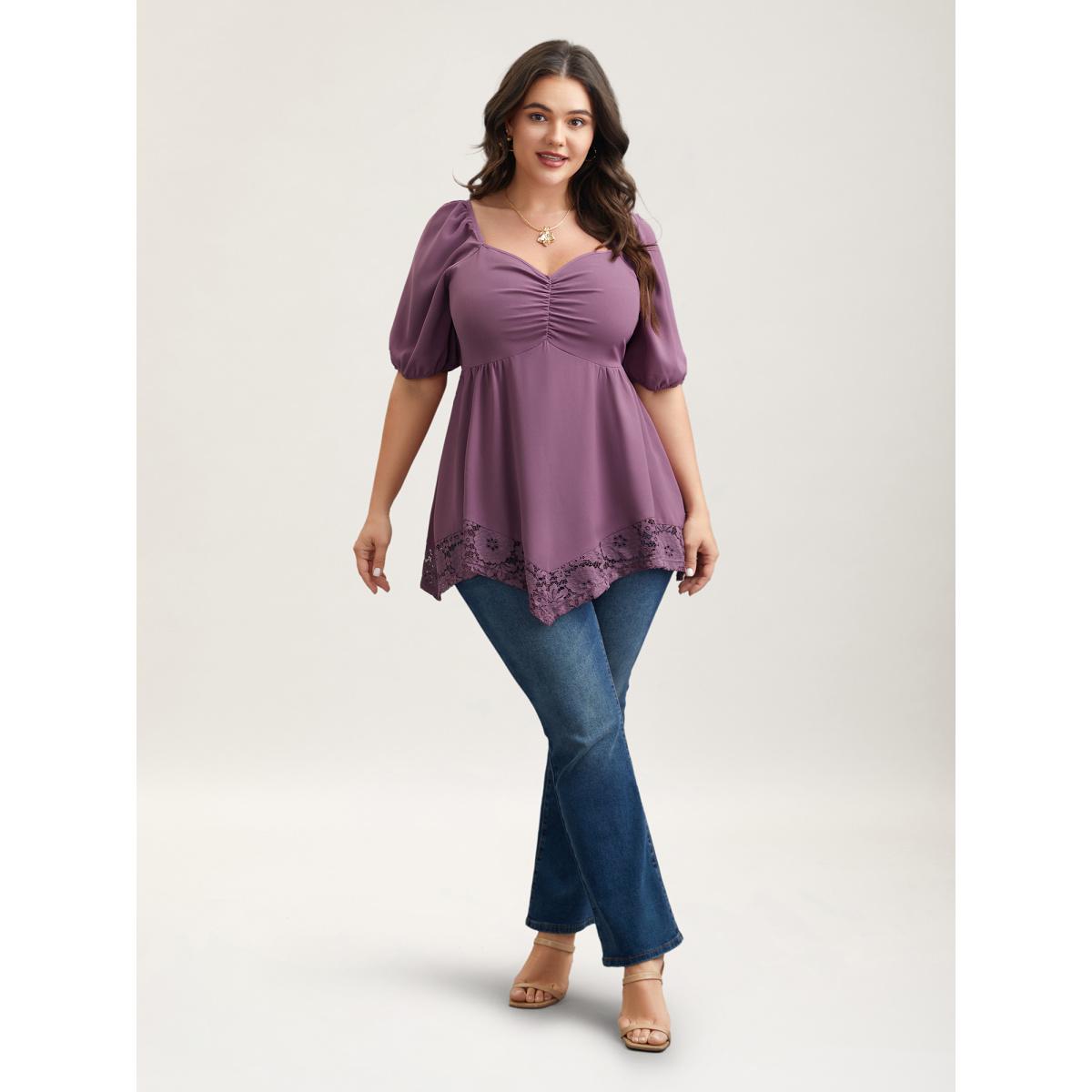 Plus Size Mauve Sweetheart Neck Lace High-Low Hem Shirt Women Romantic Half Sleeve Heart neckline Elegant Blouses BloomChic 14-16/1X Product Image