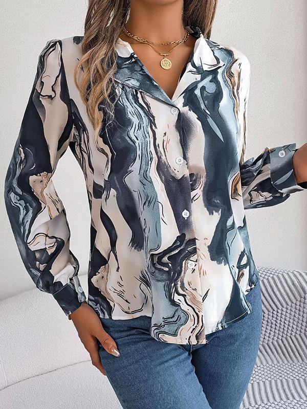 Long Sleeves Loose Buttoned Printed Notched Collar Blouses&Shirts Tops Product Image