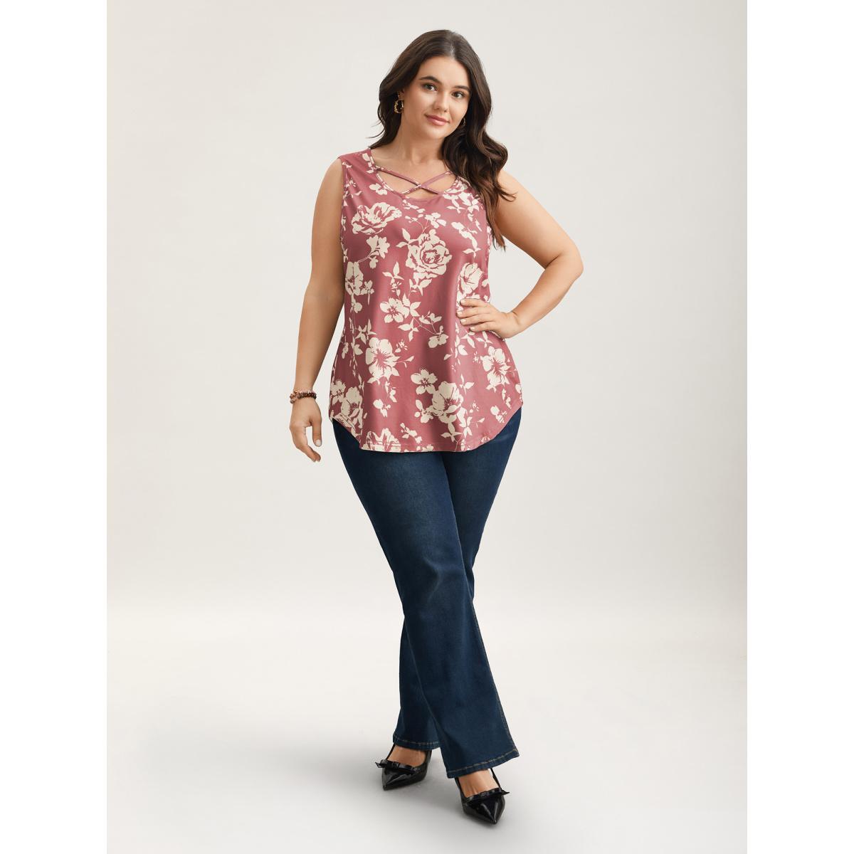 Plus Size Rosy Print Neck-Tie Fitted Vest Women DustyPink Elegant Contrast U-neck Everyday Tank Tops Camis BloomChic 22-24/3X Product Image